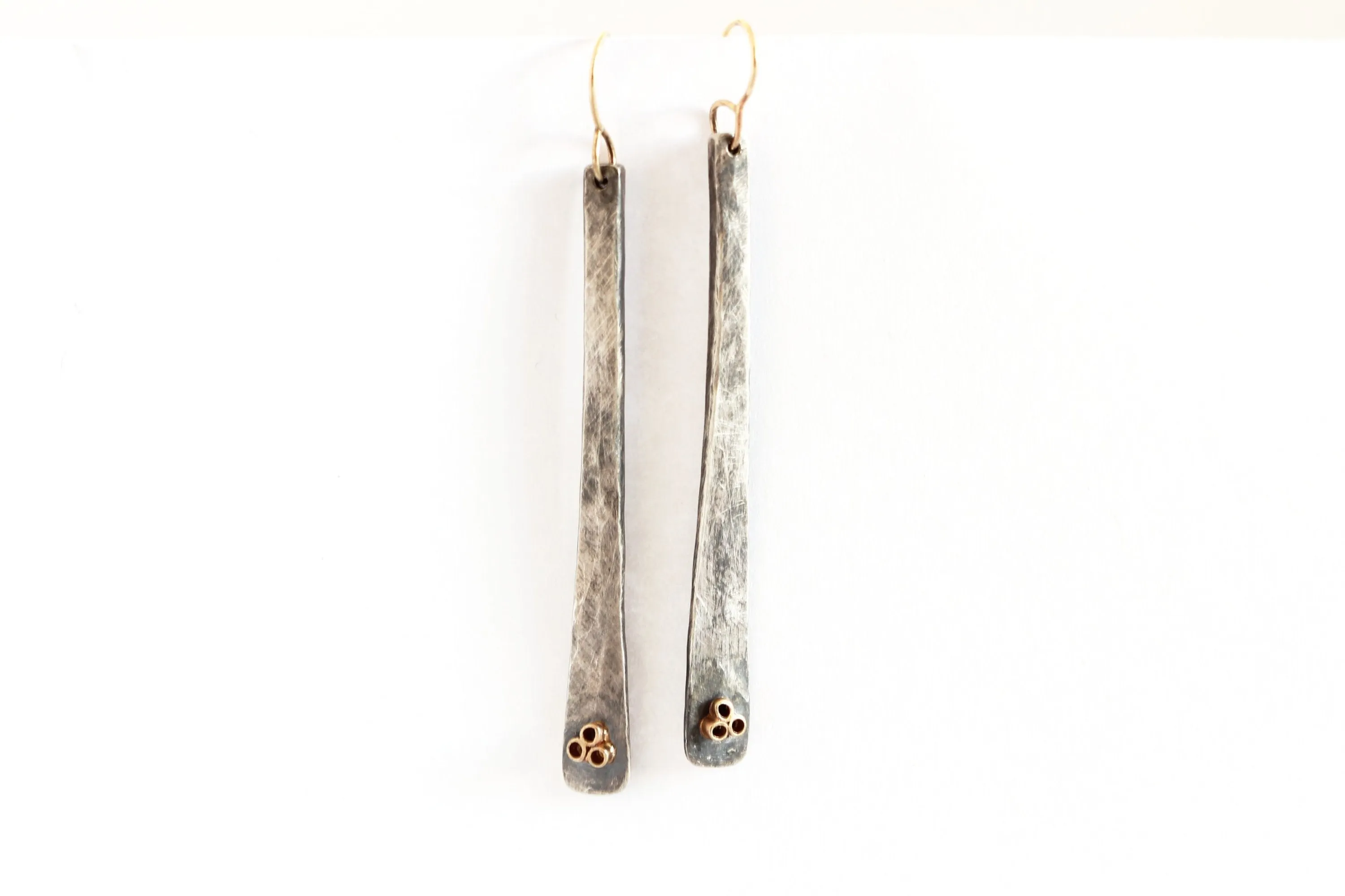Hammered texture sterling silver earrings with 14k yellow gold tubes and gold wire
