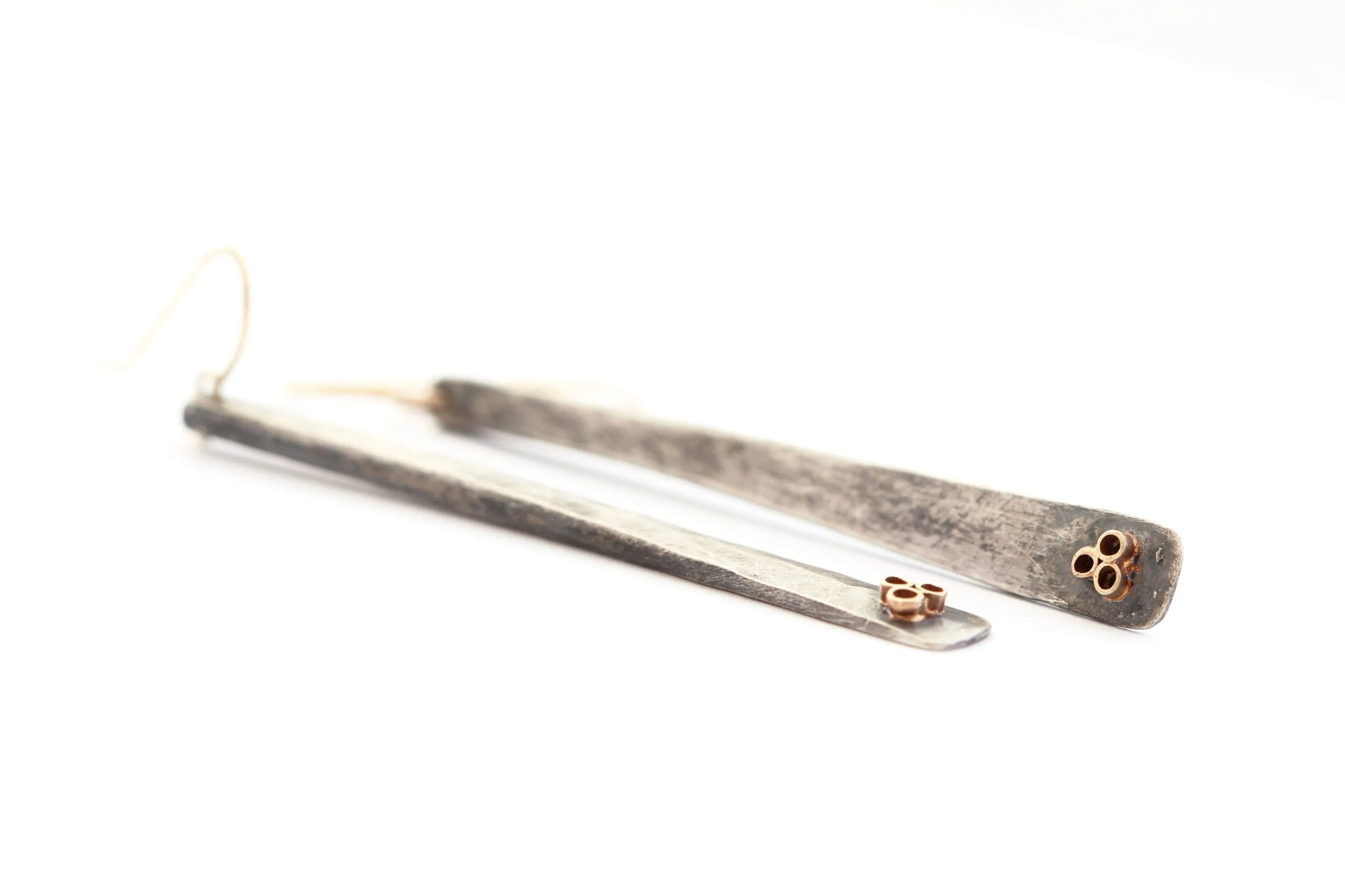 Hammered texture sterling silver earrings with 14k yellow gold tubes and gold wire
