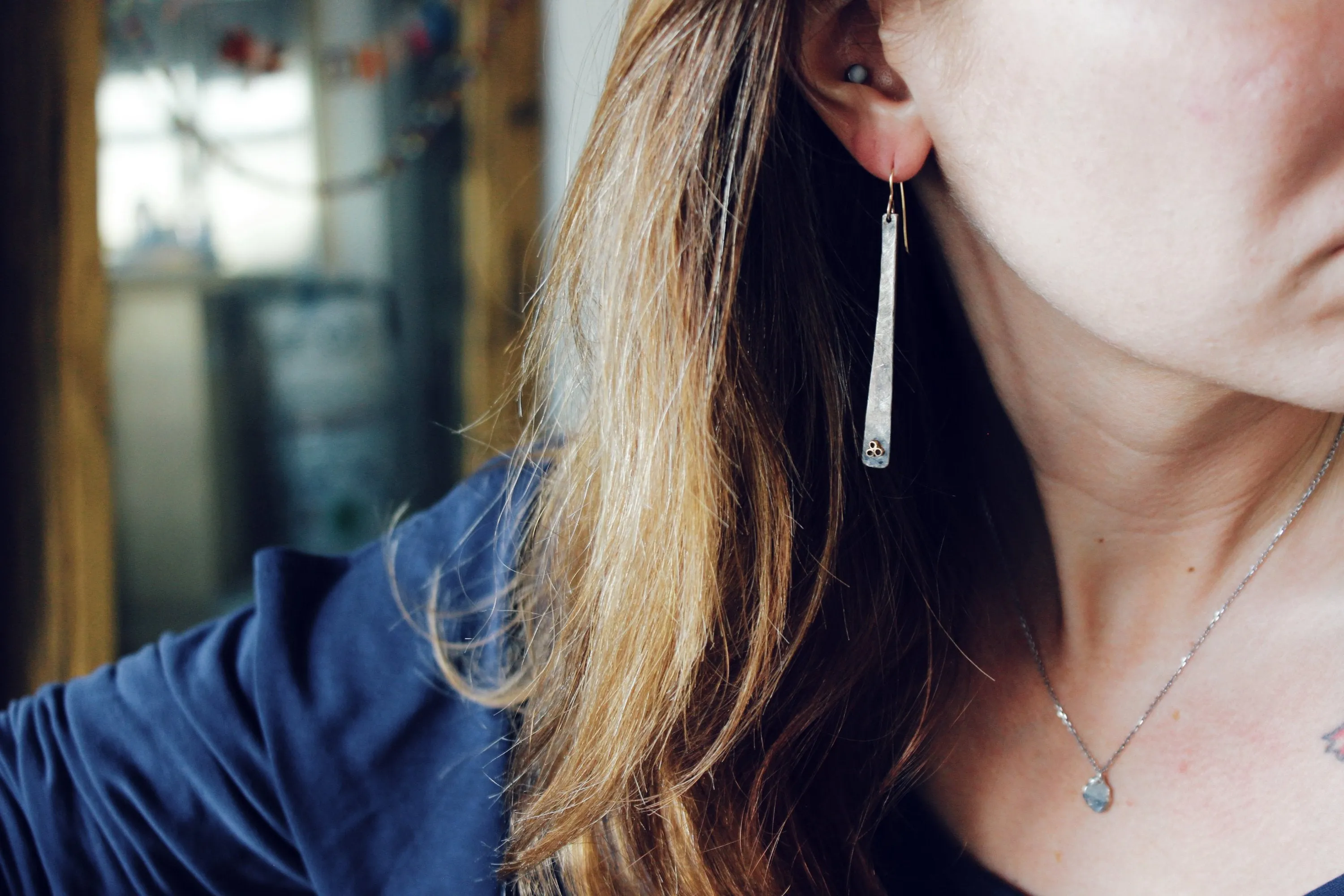 Hammered texture sterling silver earrings with 14k yellow gold tubes and gold wire