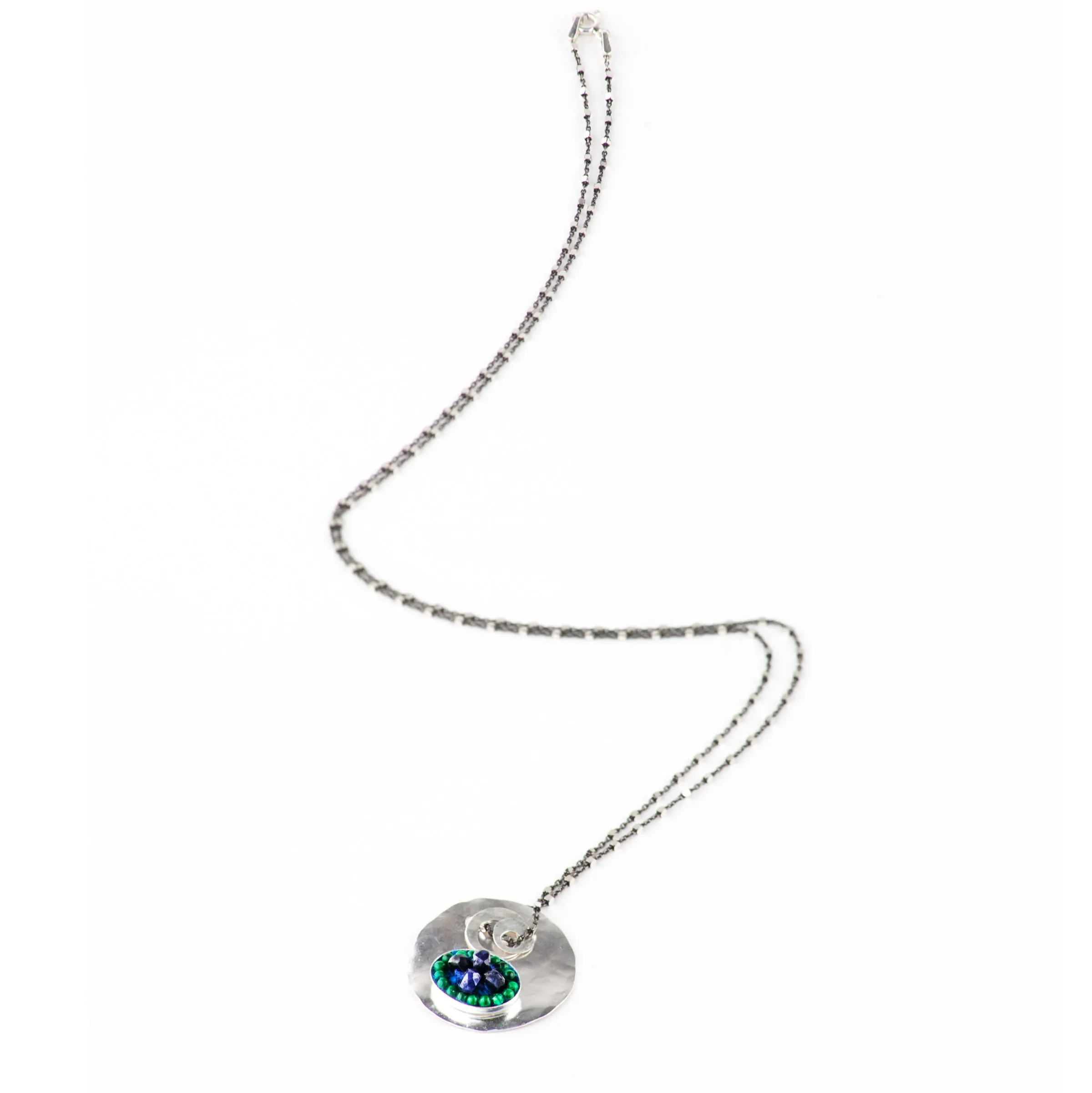 Hand Hammered Silver, sapphire, and malachite necklace