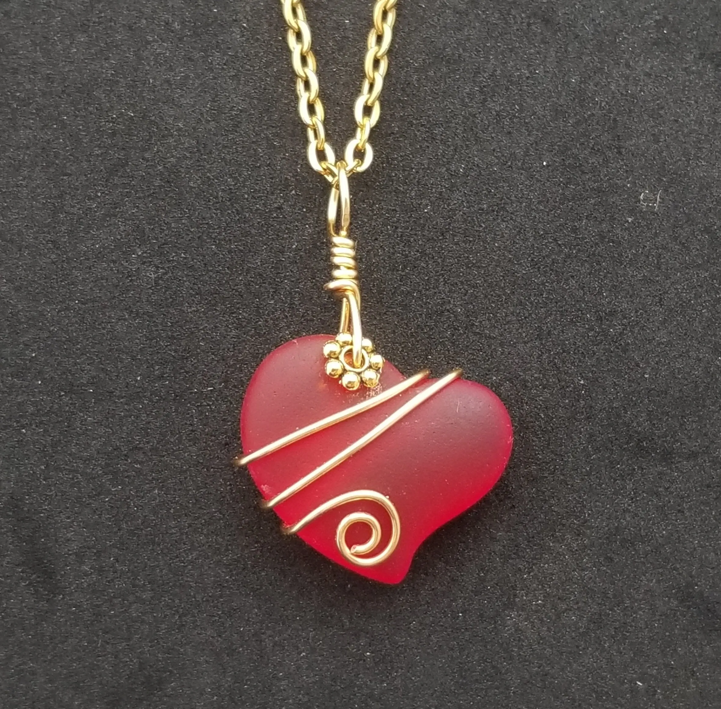 Handmade in Hawaii, Gold tone Wire wrapped Ruby Red Heart sea glass necklace, Hawaiian  jewelry