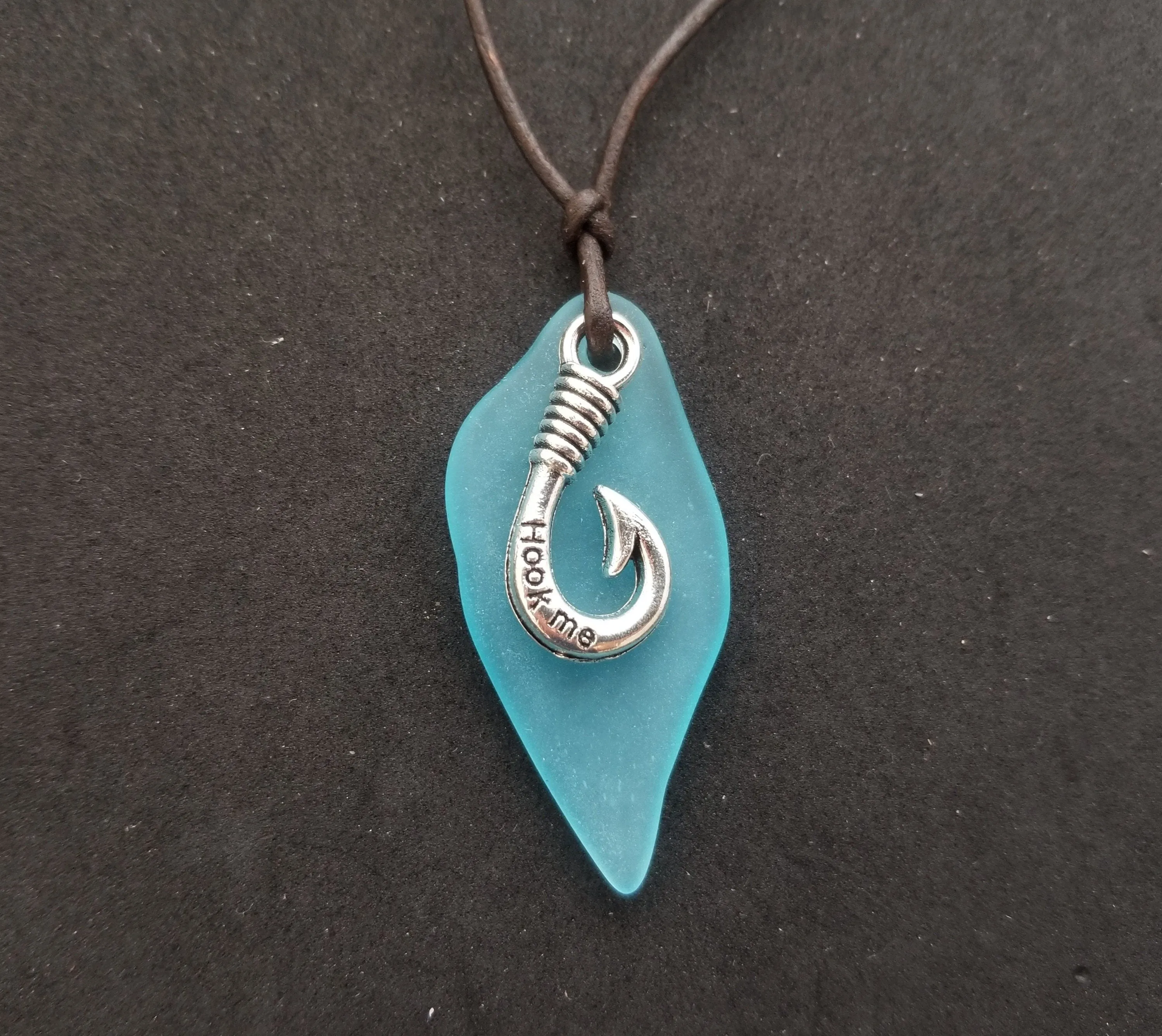 Handmade in Hawaii, leather cord unisex blue sea glass necklace, fish hook charm, unisex jewelry, birthday gift, Gift Wrapped in Hawaii
