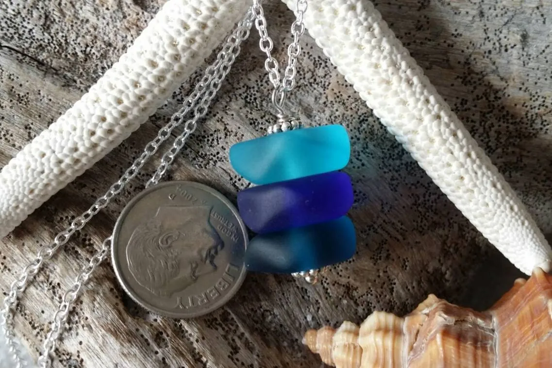 Handmade in Hawaii, Three shades of  blue sea glass necklace ,Beach glass necklace, gift box
