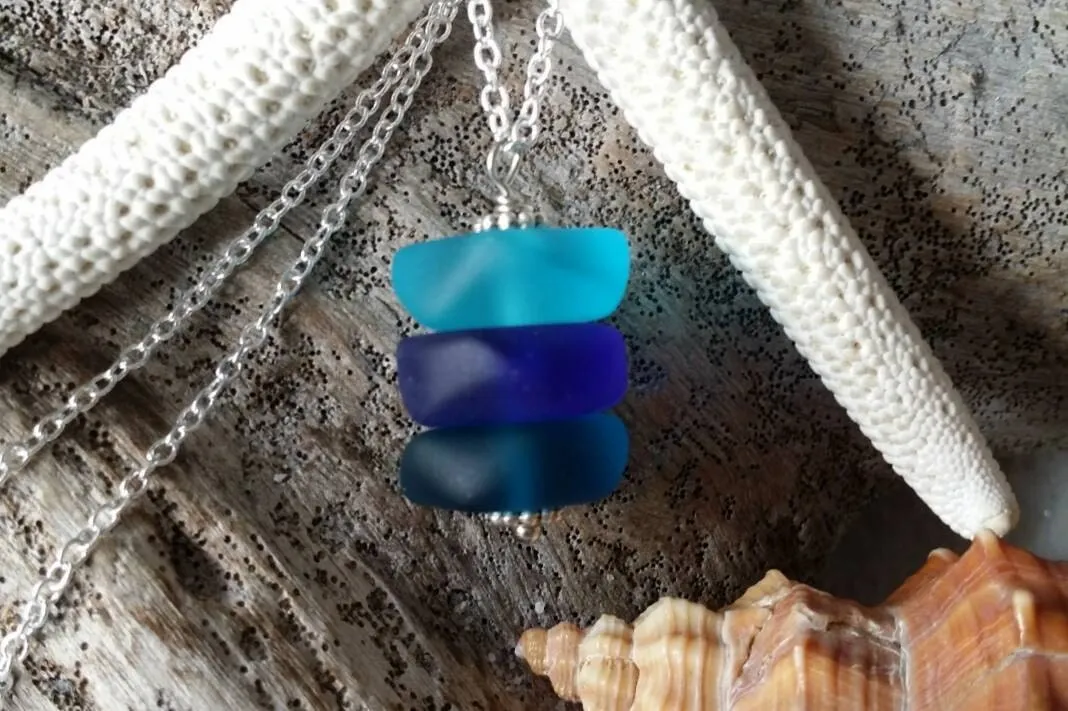 Handmade in Hawaii, Three shades of  blue sea glass necklace ,Beach glass necklace, gift box