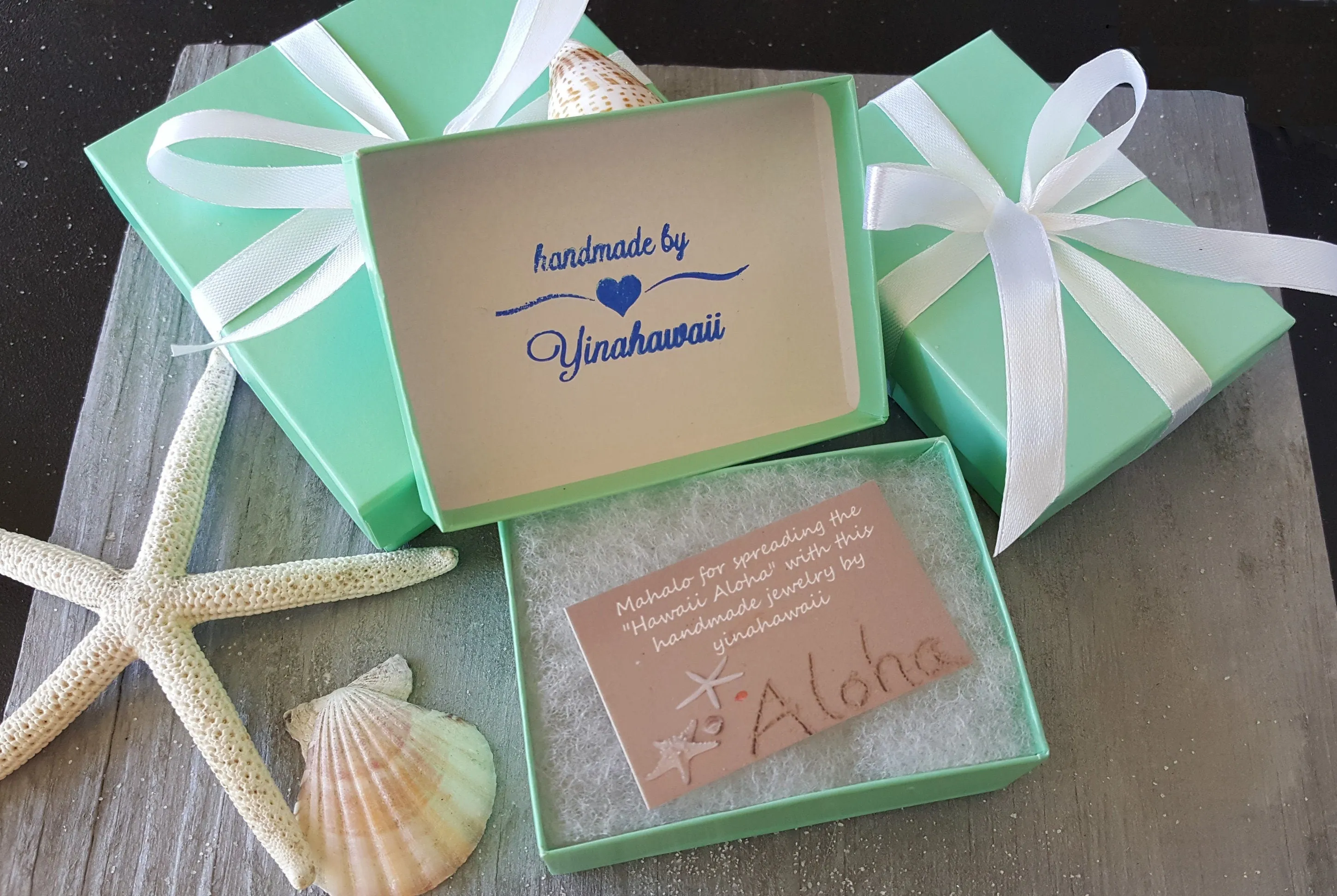 Handmade in Hawaii, Three shades of  blue sea glass necklace ,Beach glass necklace, gift box