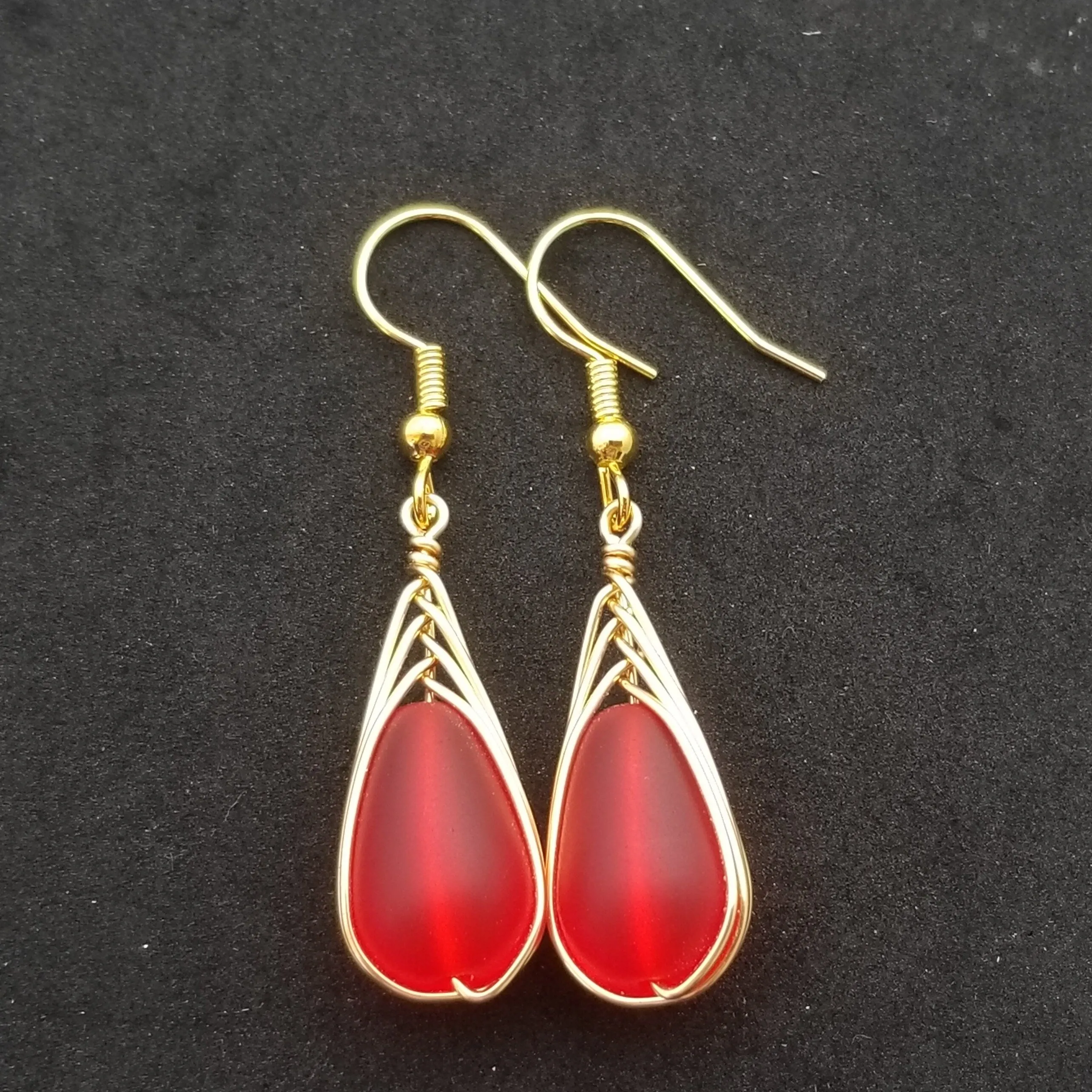 Hawaiian Jewelry Sea Glass Earrings, Gold Braided Red Earrings, Beach Jewelry For Women (January Birthstone Jewelry)