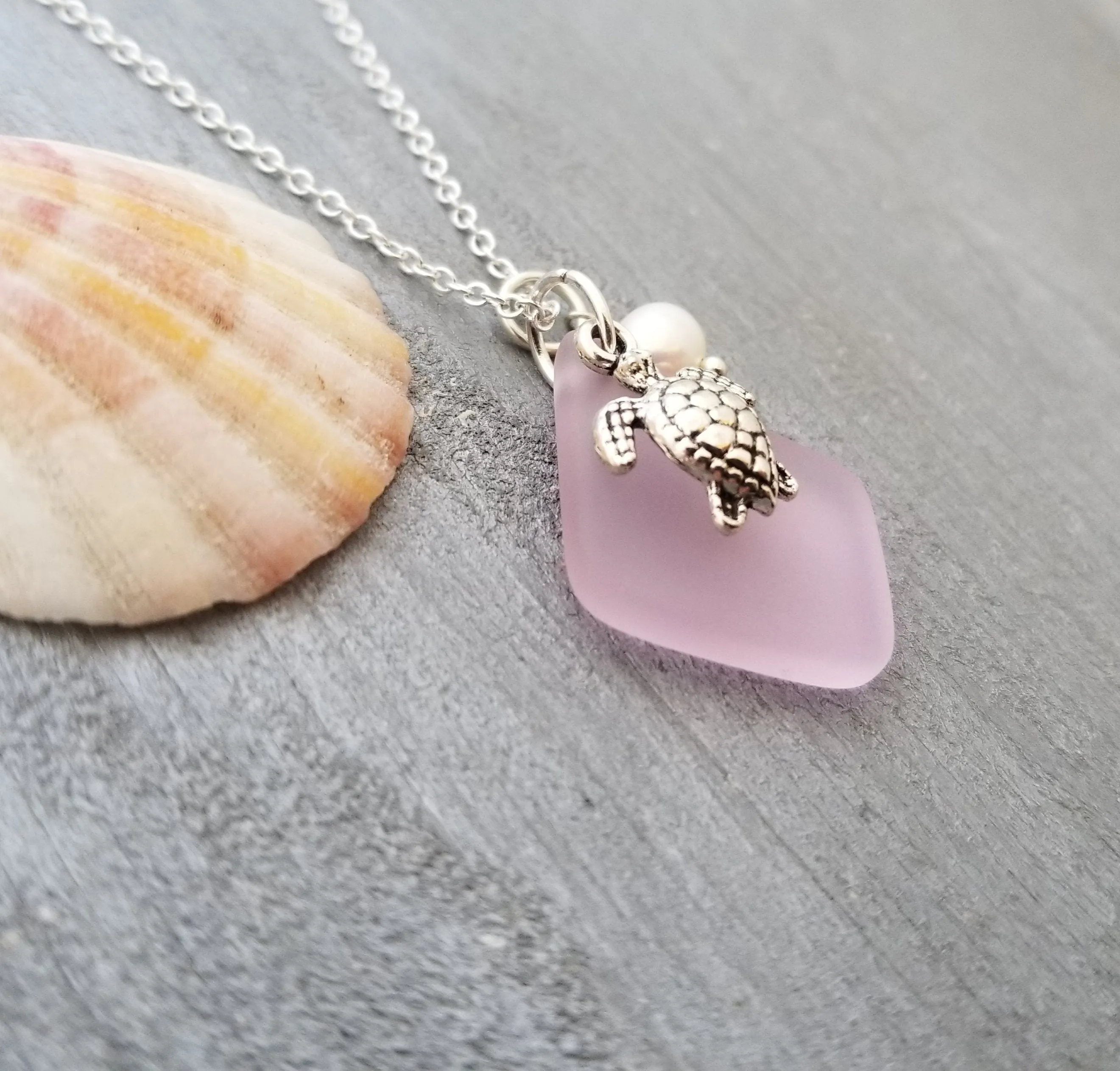 Hawaiian Jewelry Sea Glass Necklace, Pink Necklace Turtle Necklace Pearl Beach Sea Glass Jewelry Birthday Gift  (October Birthstone Jewelry)