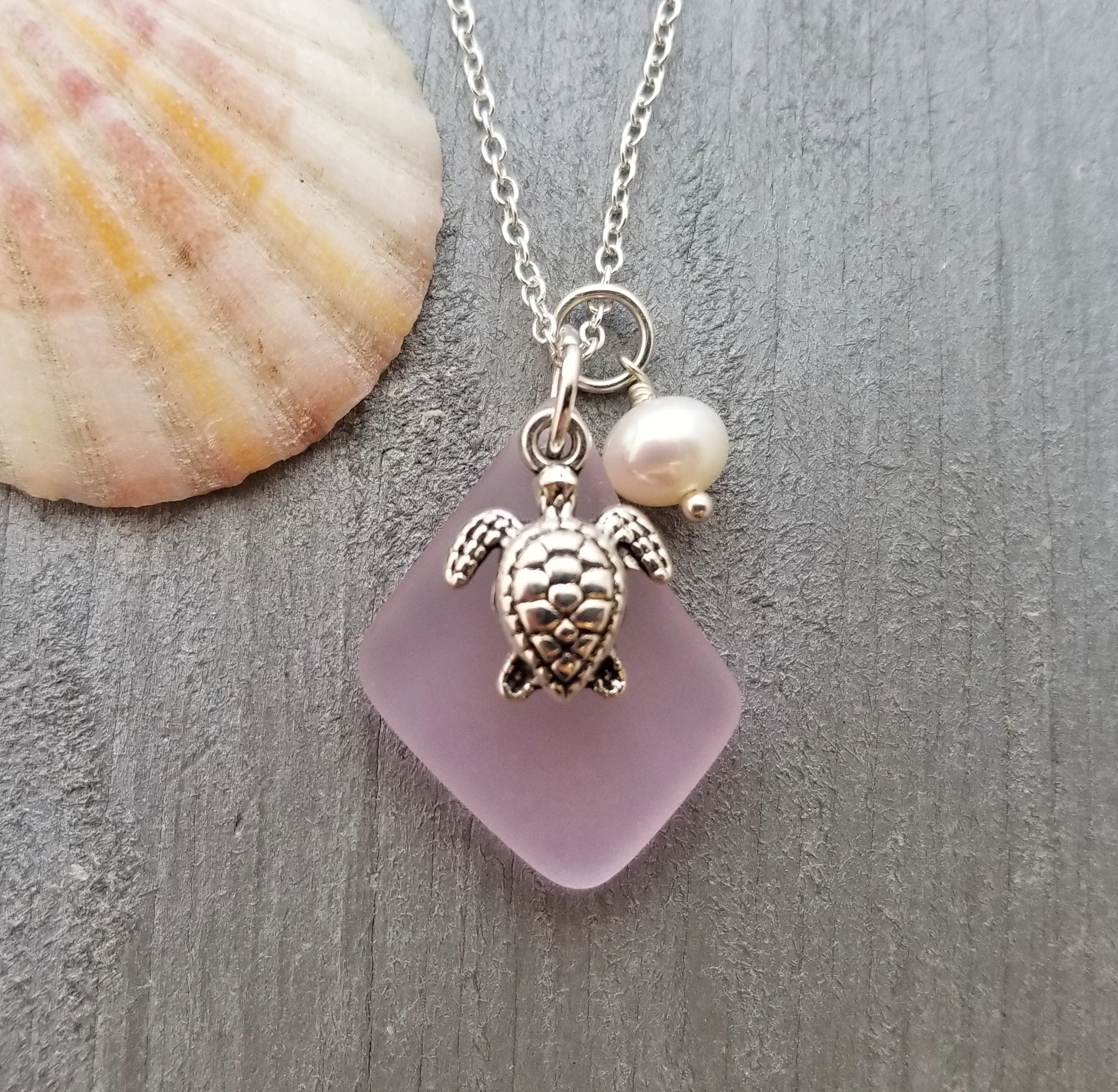 Hawaiian Jewelry Sea Glass Necklace, Pink Necklace Turtle Necklace Pearl Beach Sea Glass Jewelry Birthday Gift  (October Birthstone Jewelry)