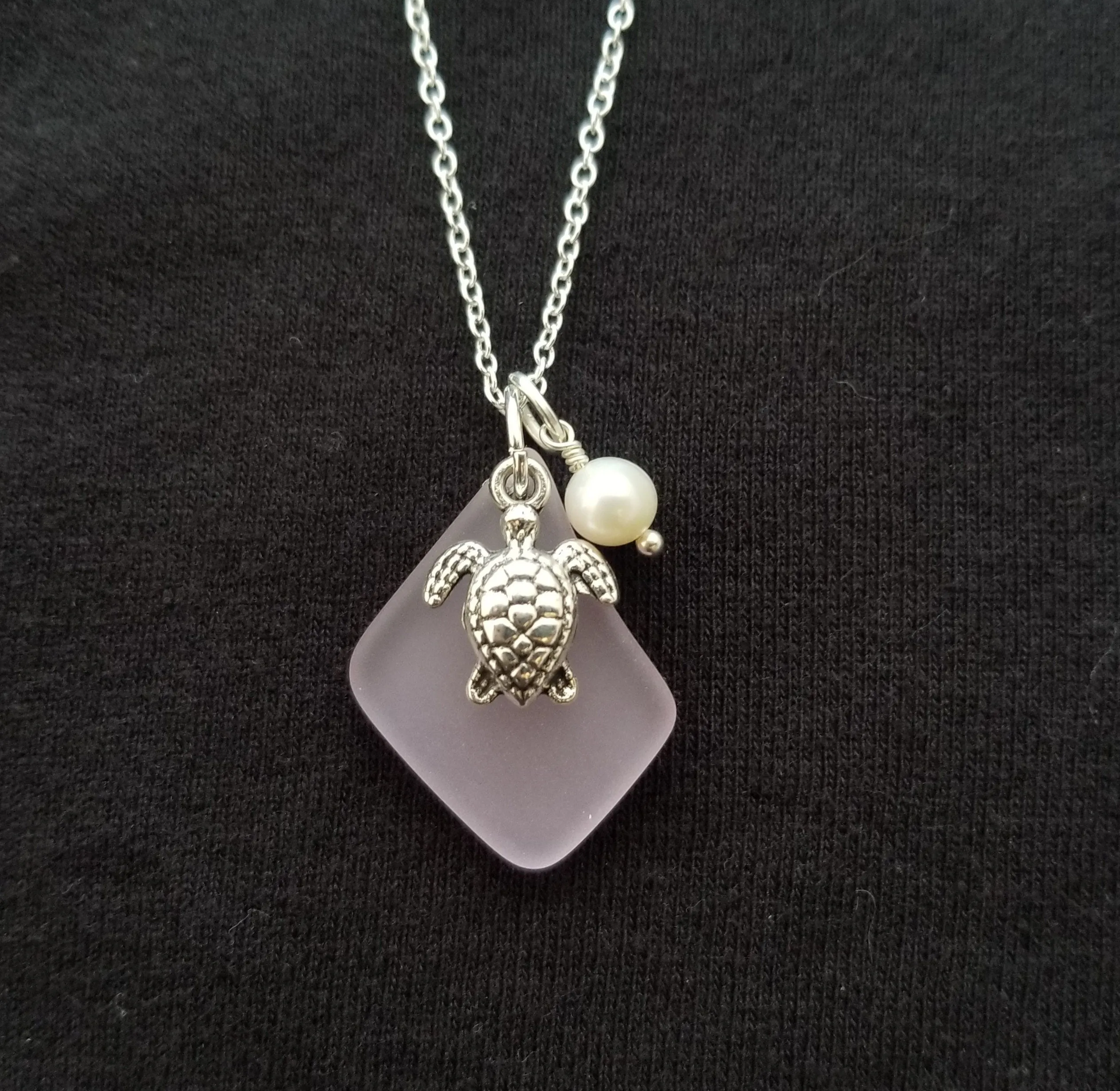 Hawaiian Jewelry Sea Glass Necklace, Pink Necklace Turtle Necklace Pearl Beach Sea Glass Jewelry Birthday Gift  (October Birthstone Jewelry)