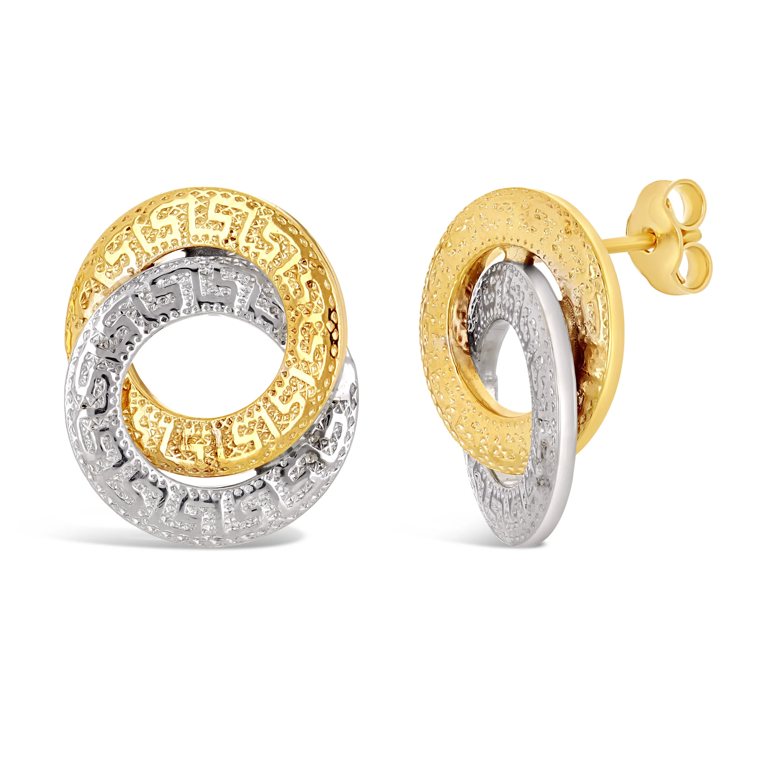 Italian 14k Yellow & White Gold Greek Key Double Eternity Circle Knot Earrings
