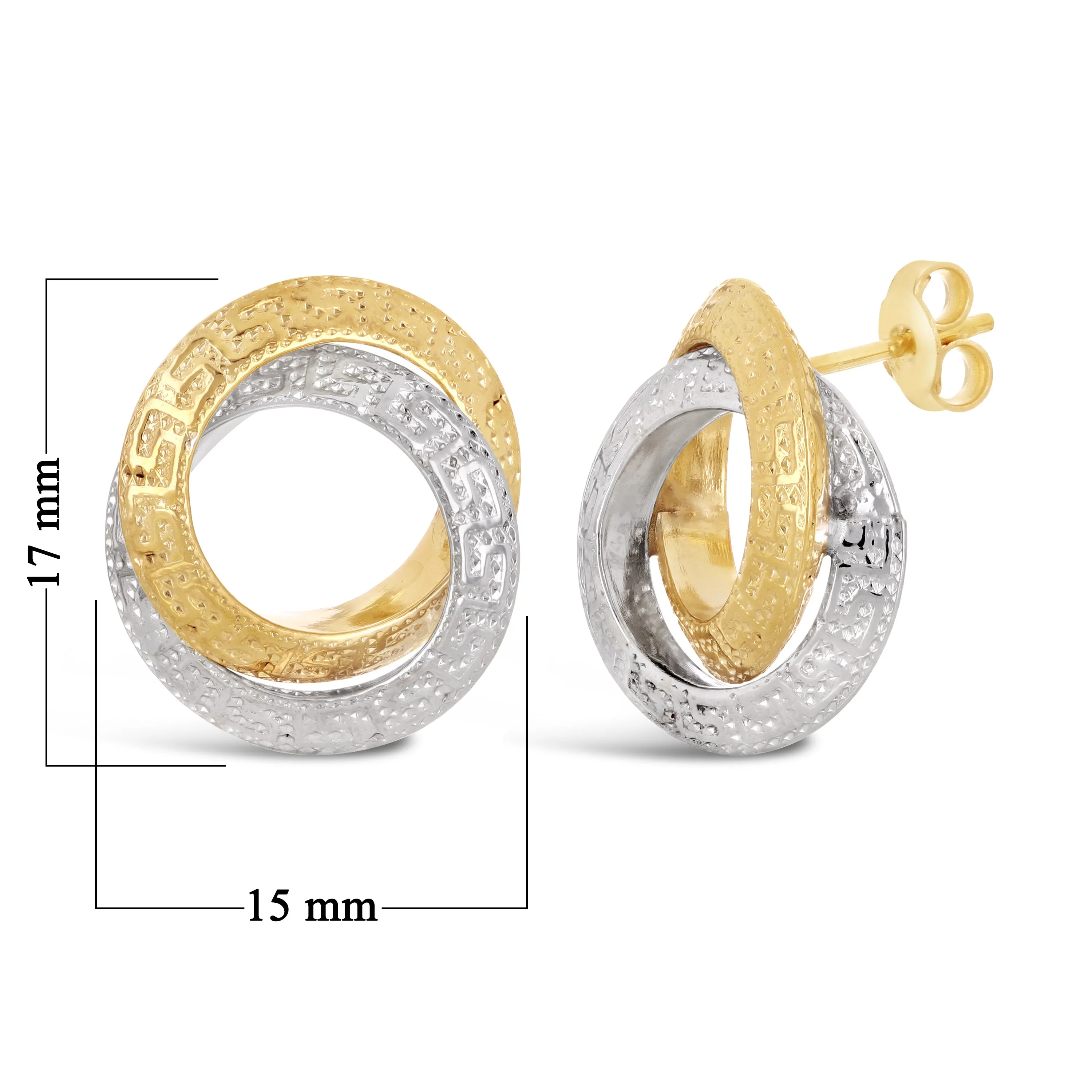 Italian 14k Yellow & White Gold Greek Key Double Eternity Circle Knot Earrings