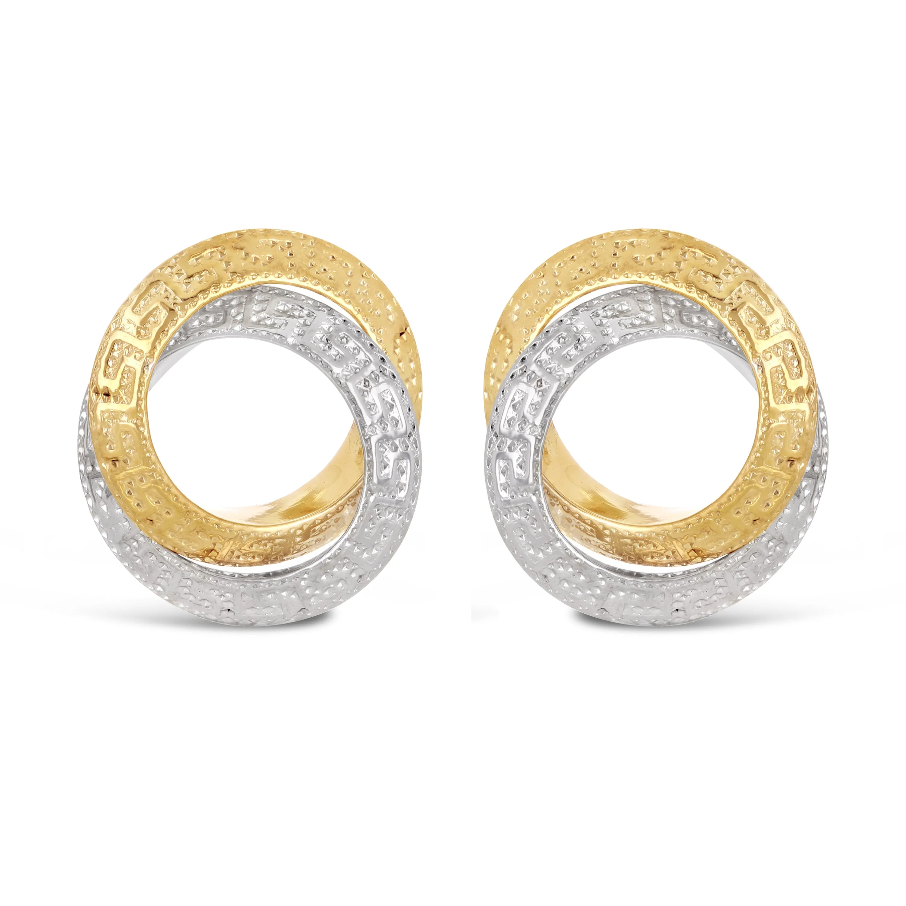 Italian 14k Yellow & White Gold Greek Key Double Eternity Circle Knot Earrings