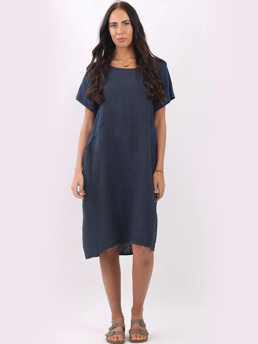 Italian Classic Shift Plain Navy Linen Dress Sz 10-16