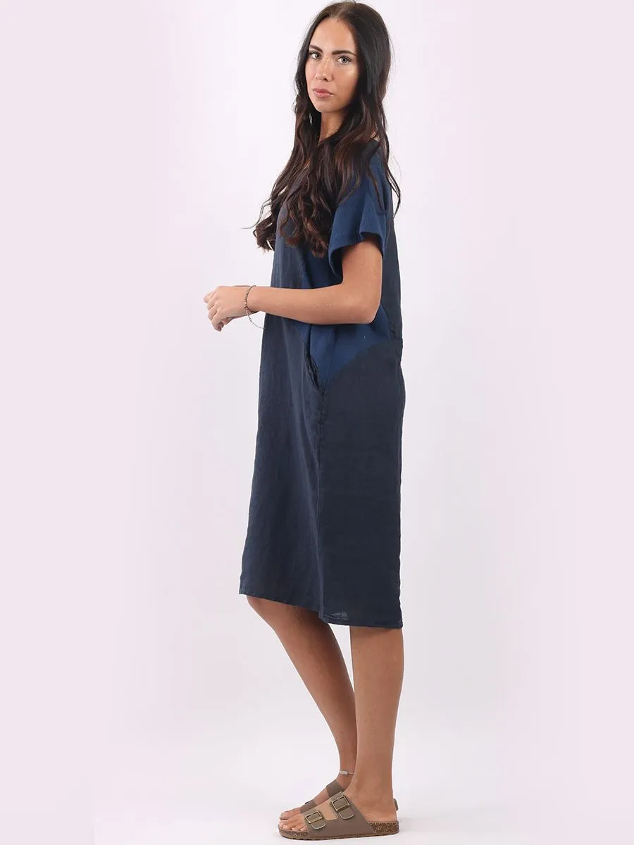 Italian Classic Shift Plain Navy Linen Dress Sz 10-16