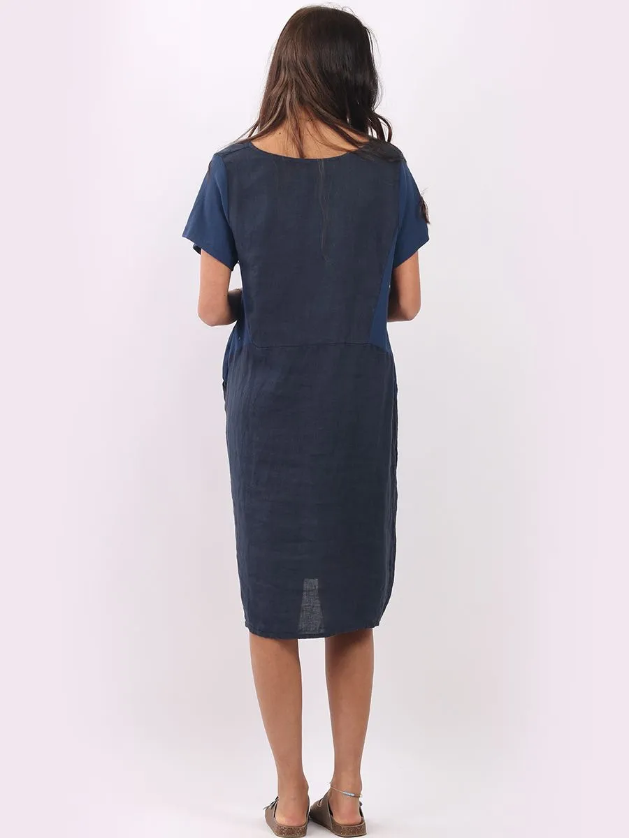 Italian Classic Shift Plain Navy Linen Dress Sz 10-16