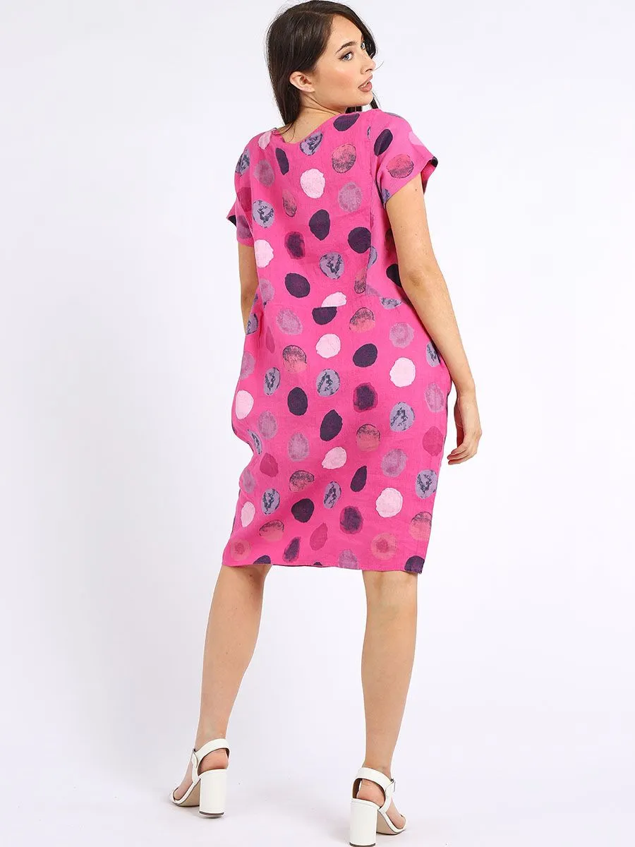 Italian Classic Shift Polka Dot Fuschia Linen Dress Sz 10-16