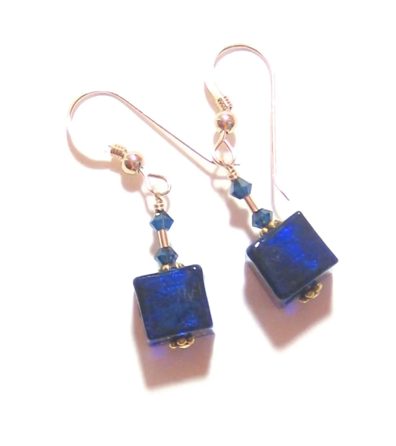 Italian Murano Glass Cobalt Blue Cube Gold Earrings