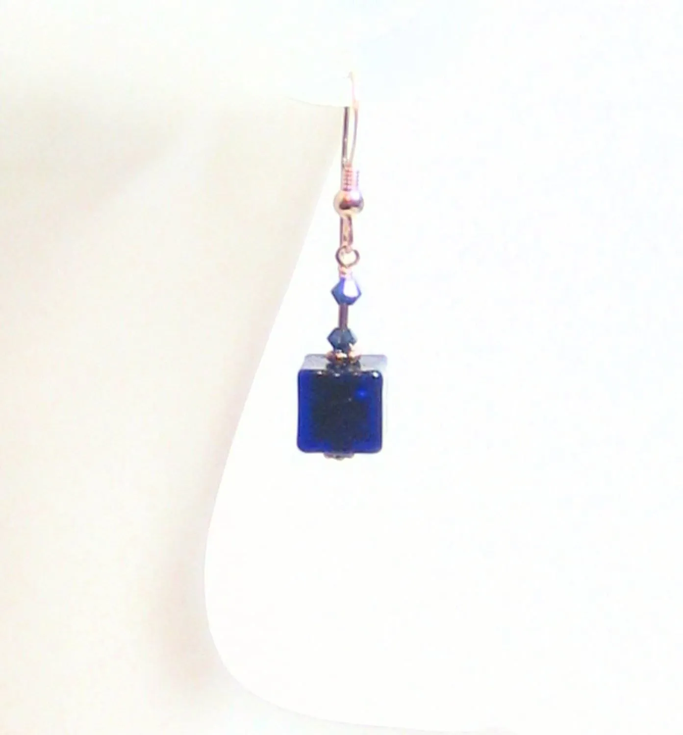 Italian Murano Glass Cobalt Blue Cube Gold Earrings