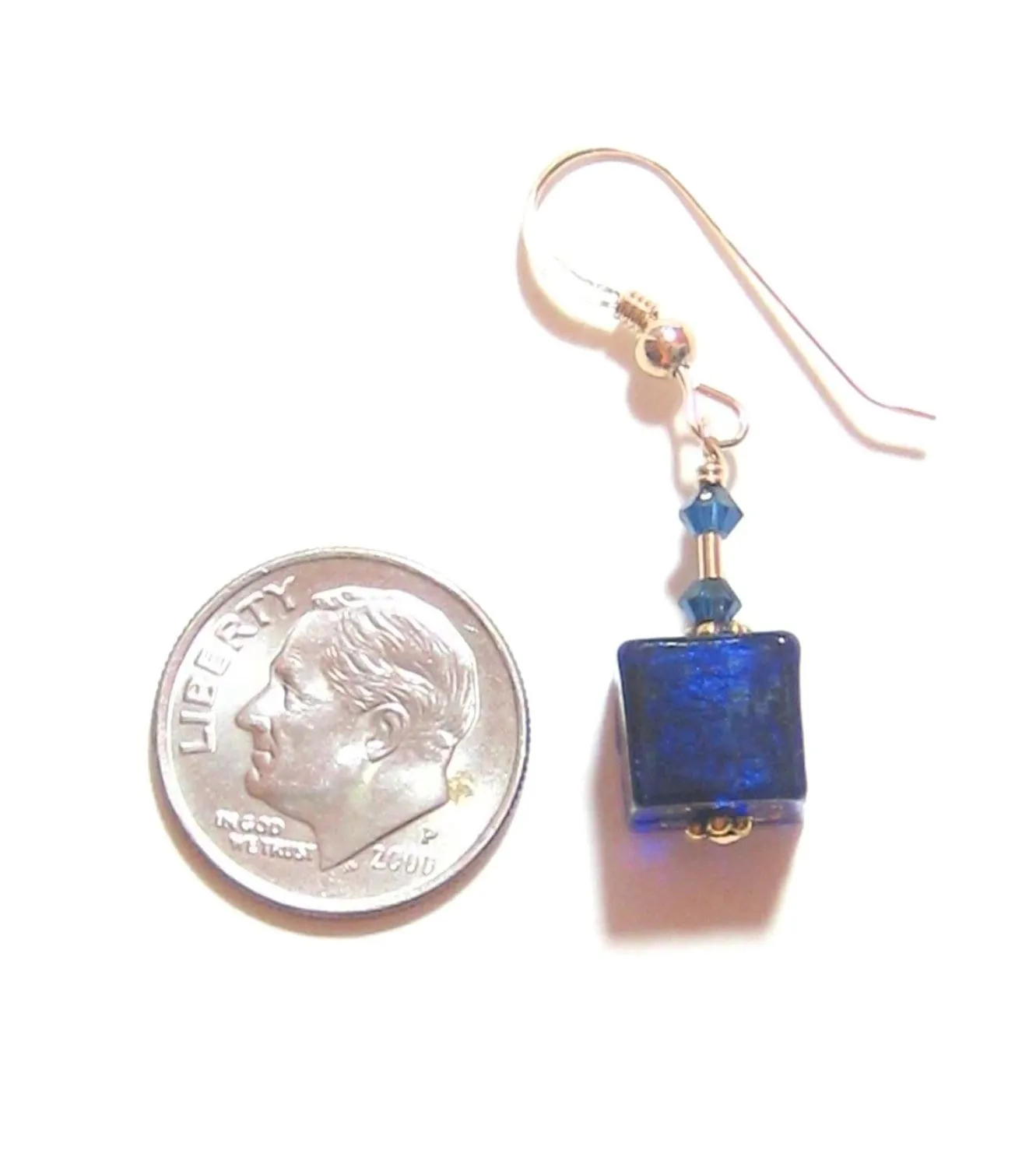 Italian Murano Glass Cobalt Blue Cube Gold Earrings
