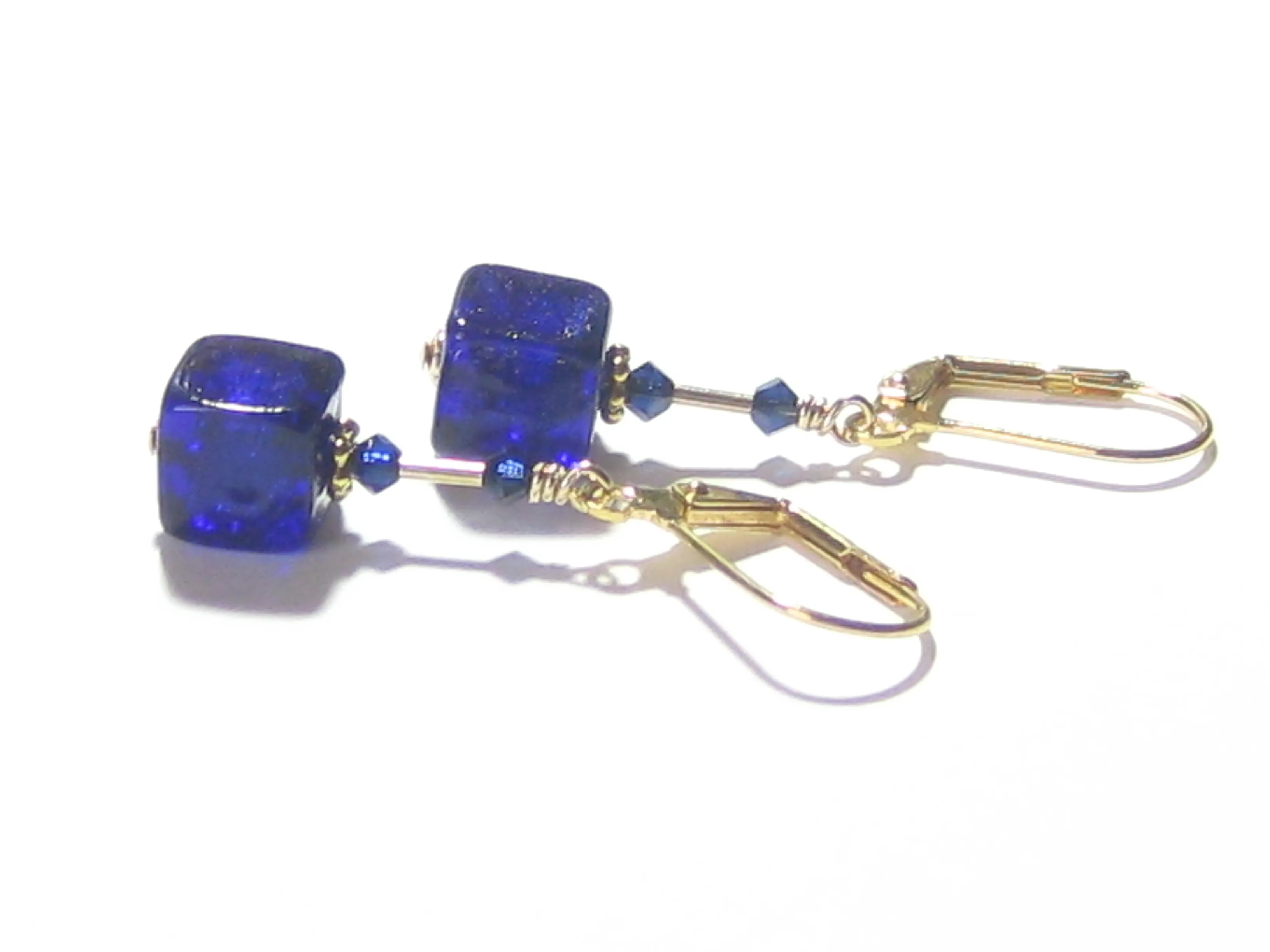 Italian Murano Glass Cobalt Blue Cube Gold Earrings