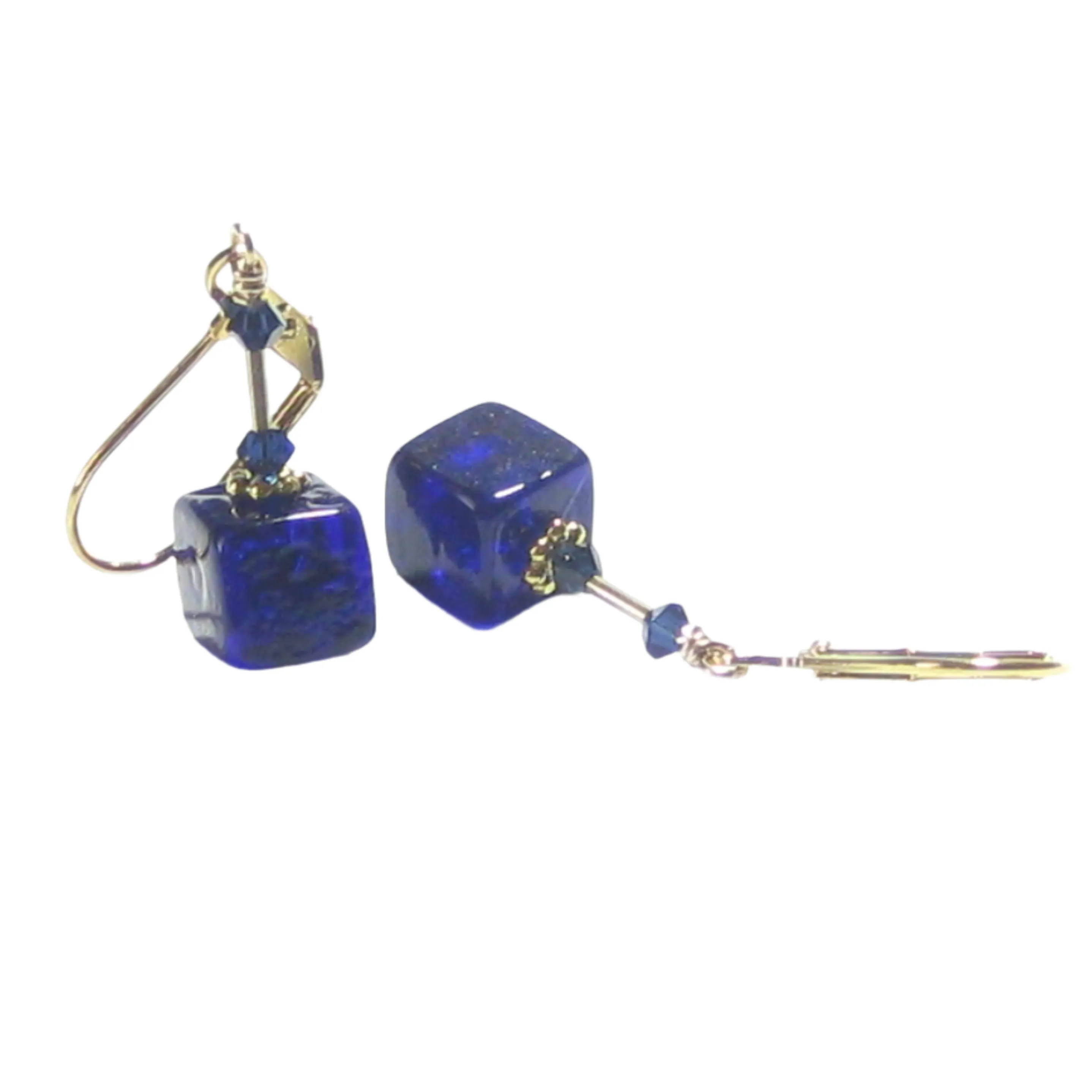 Italian Murano Glass Cobalt Blue Cube Gold Earrings