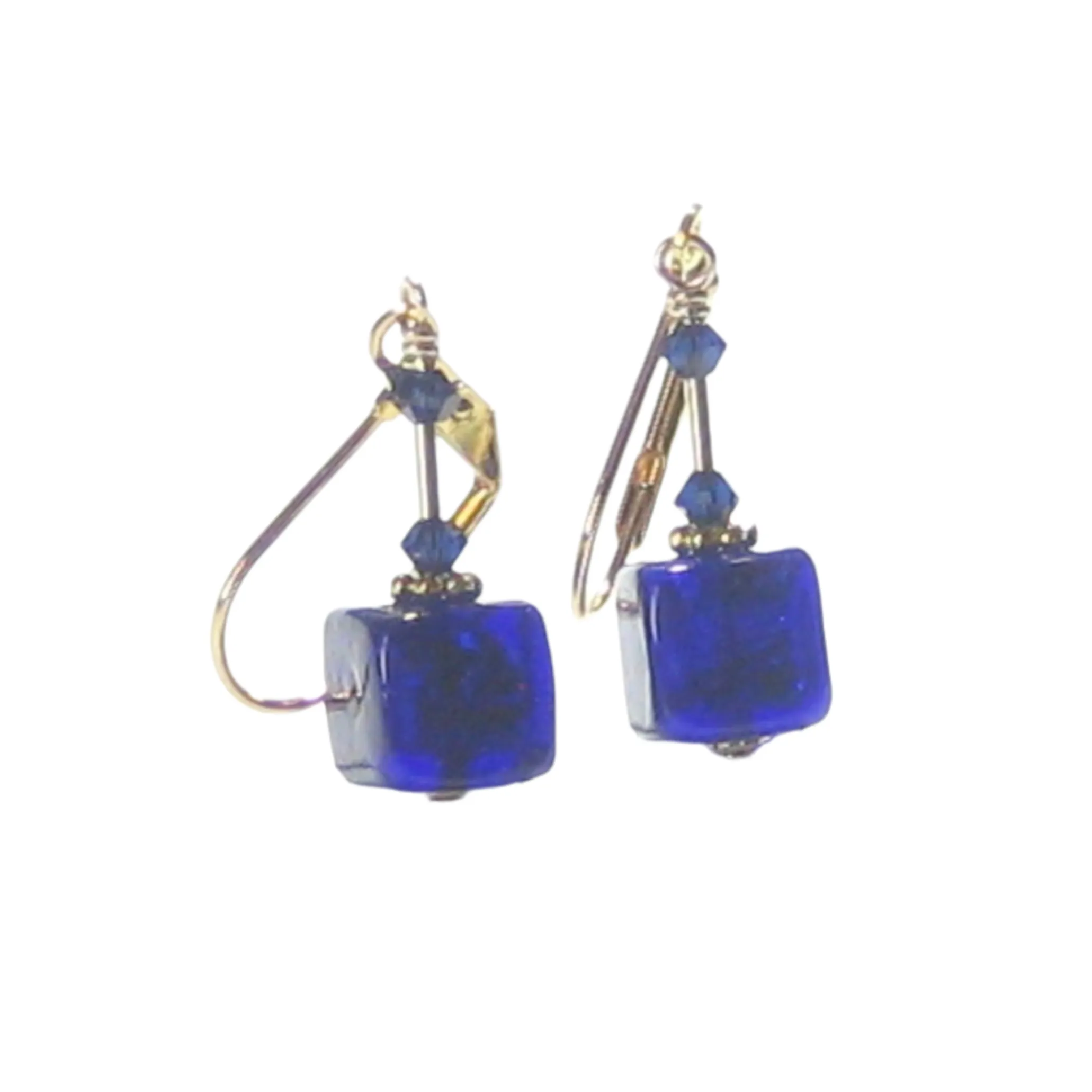Italian Murano Glass Cobalt Blue Cube Gold Earrings