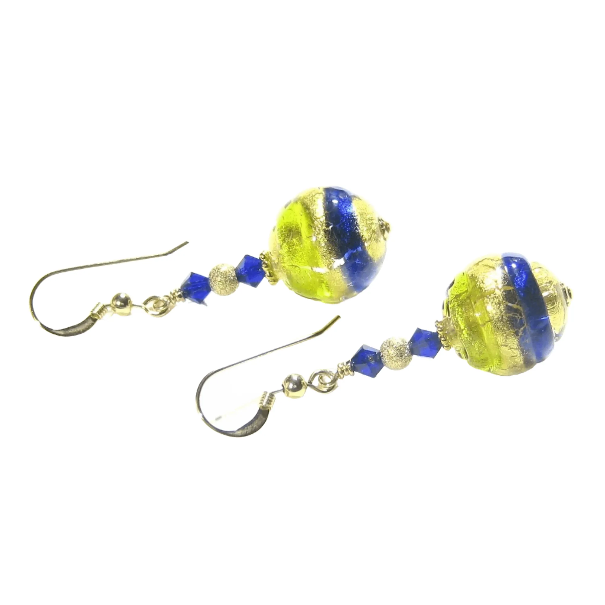 Italian Murano Glass Cobalt Blue Lime Green Gold Earrings by JKC Murano