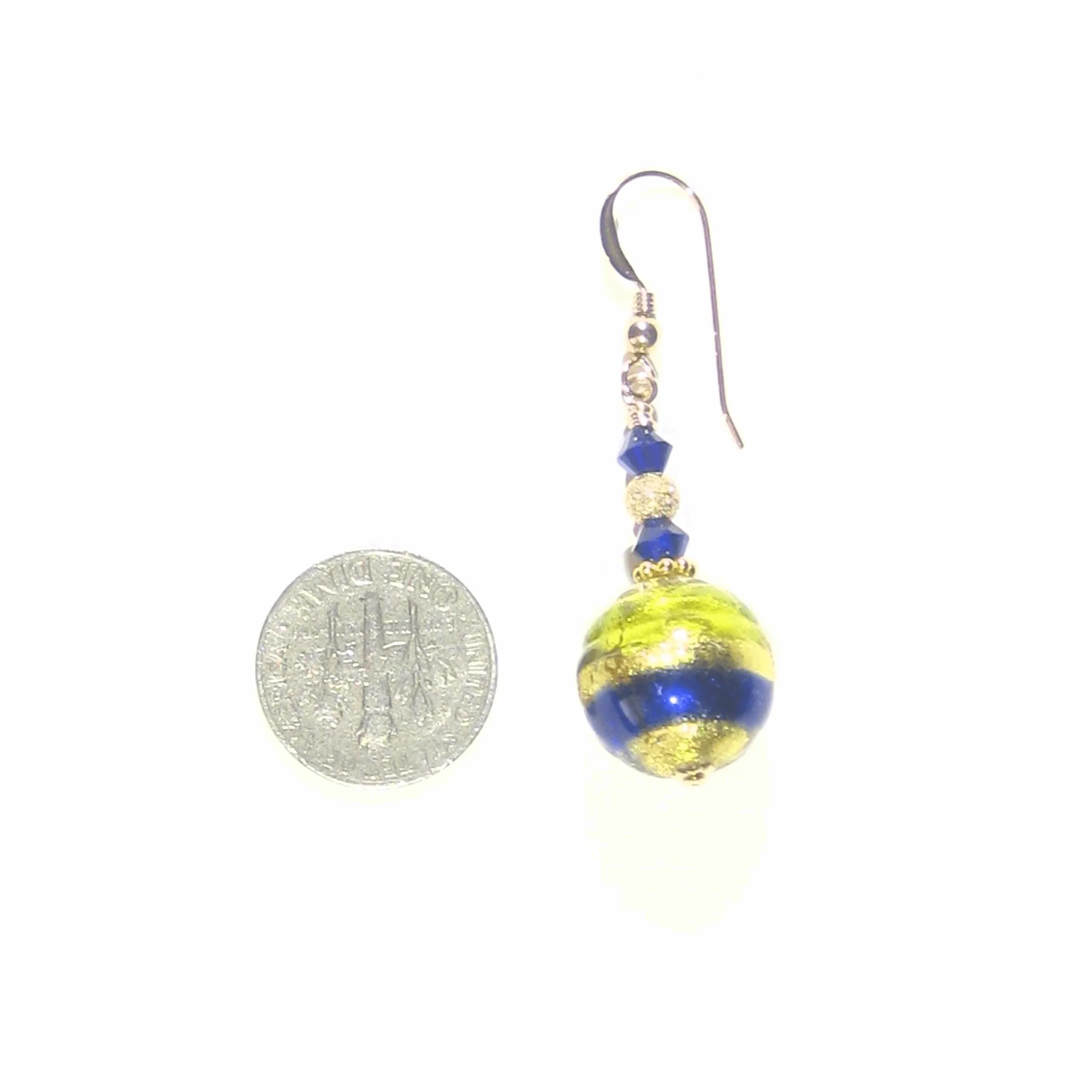 Italian Murano Glass Cobalt Blue Lime Green Gold Earrings by JKC Murano