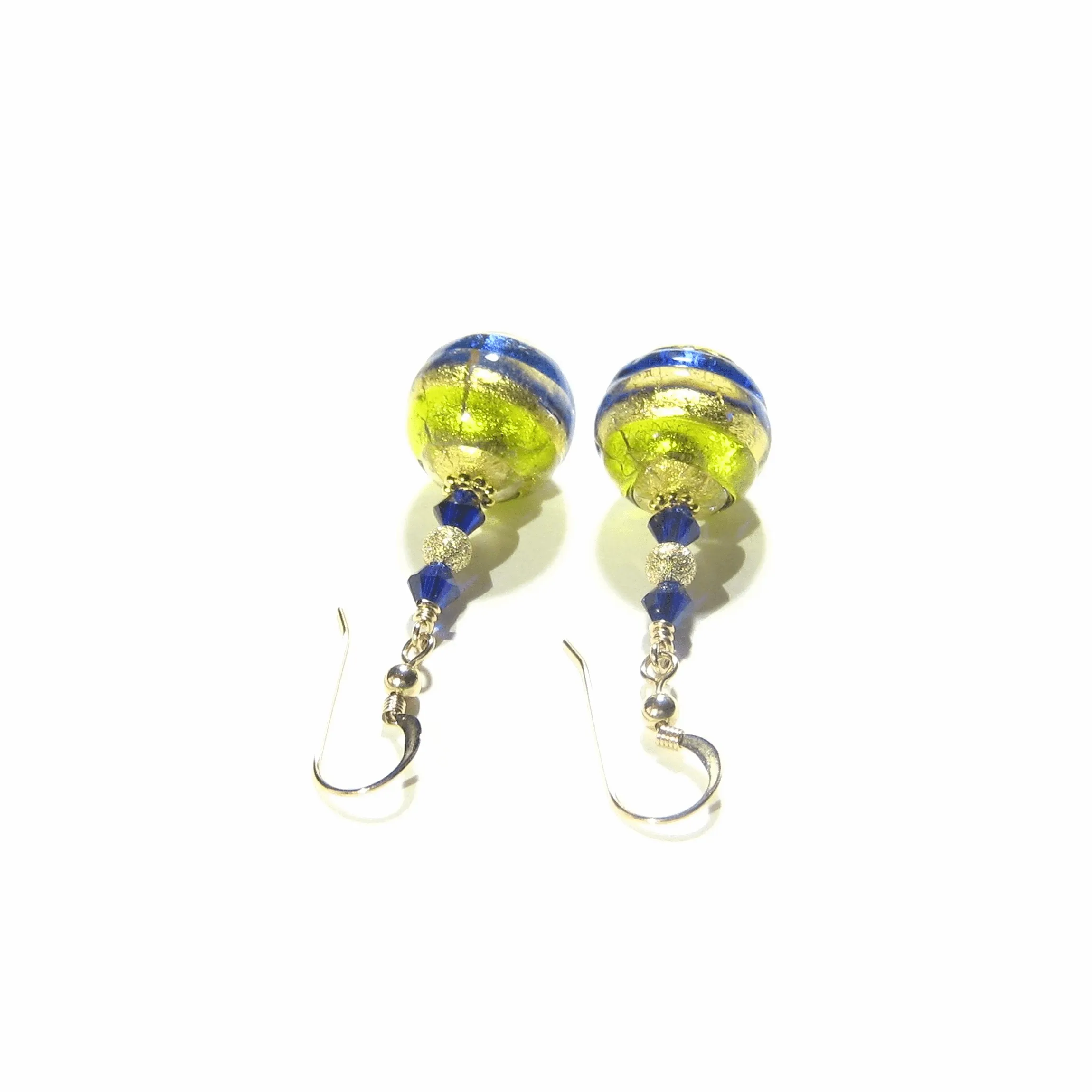 Italian Murano Glass Cobalt Blue Lime Green Gold Earrings by JKC Murano
