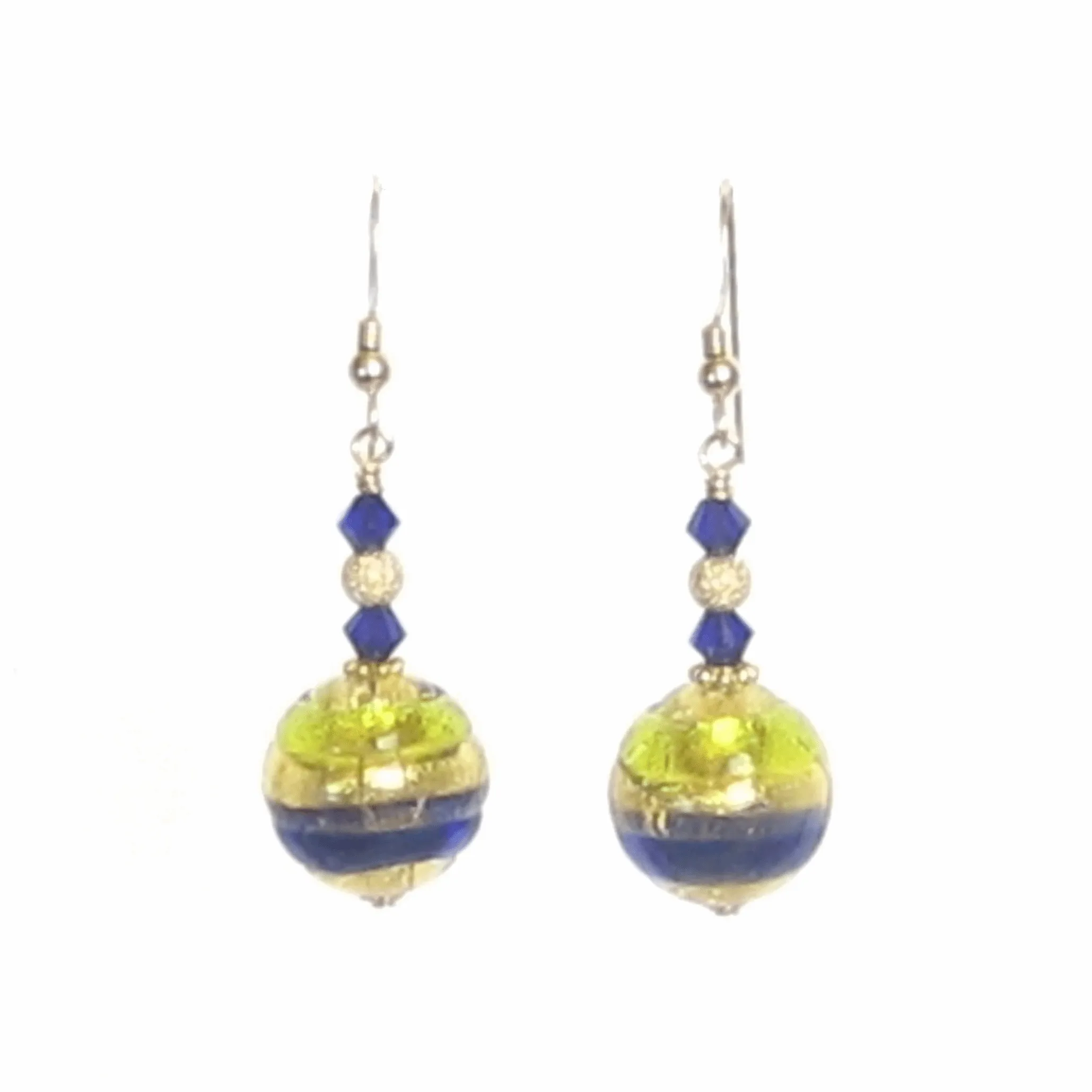Italian Murano Glass Cobalt Blue Lime Green Gold Earrings by JKC Murano