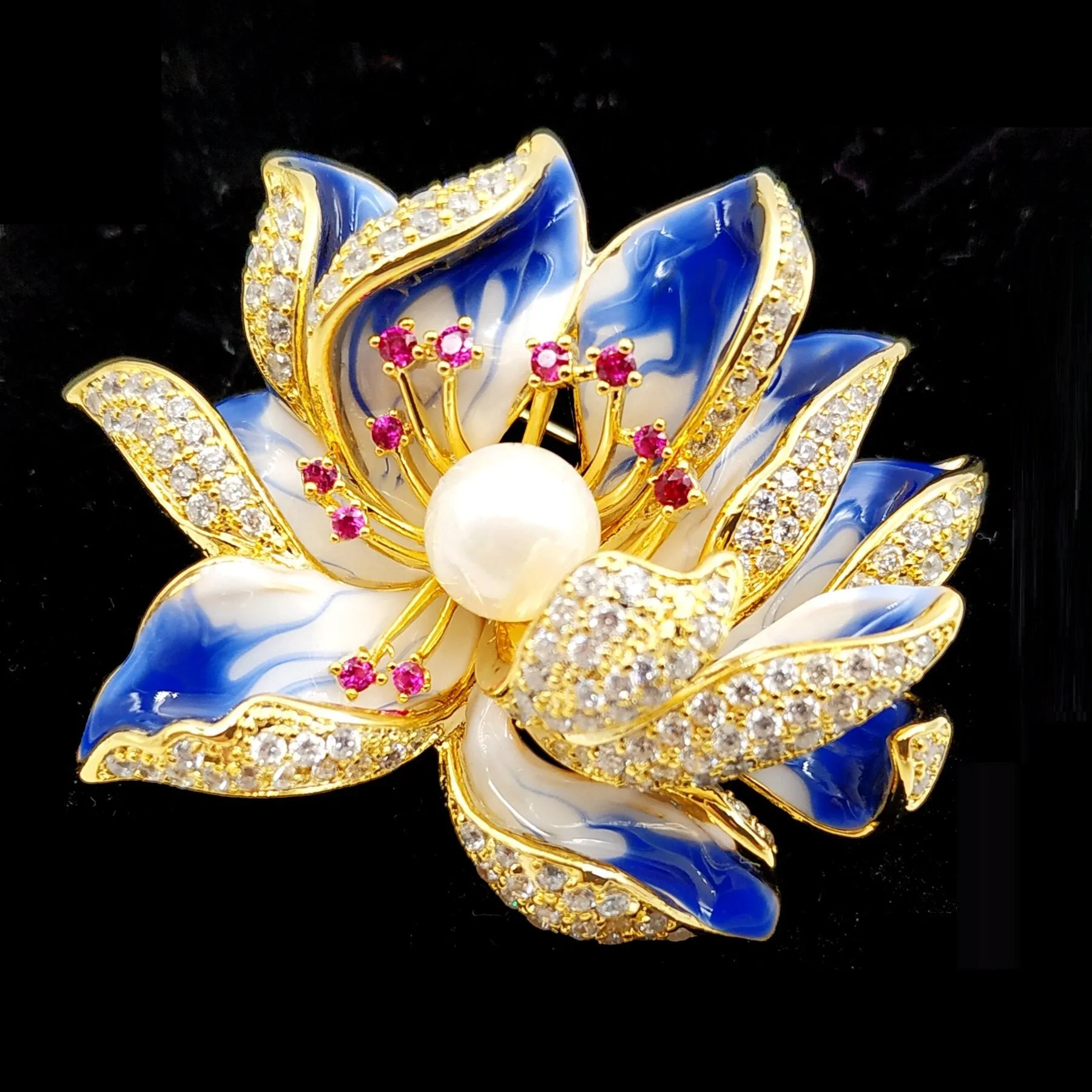 Jewelblings Charming Vintage Blue Enamel Lotus Flower Brooches Water Lily Pins for Women Parties Proms Homecoming Gala Formal Affair Jewelry