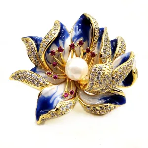 Jewelblings Charming Vintage Blue Enamel Lotus Flower Brooches Water Lily Pins for Women Parties Proms Homecoming Gala Formal Affair Jewelry
