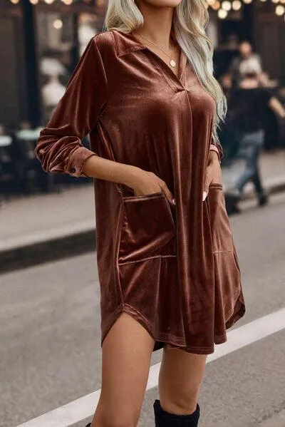 Johnny Collar Long Sleeve Velvet Shift Dress