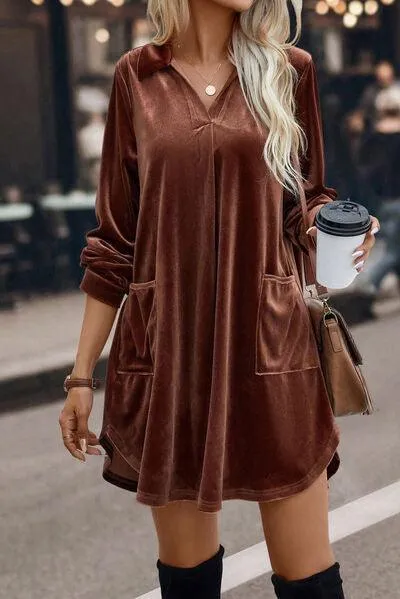 Johnny Collar Long Sleeve Velvet Shift Dress