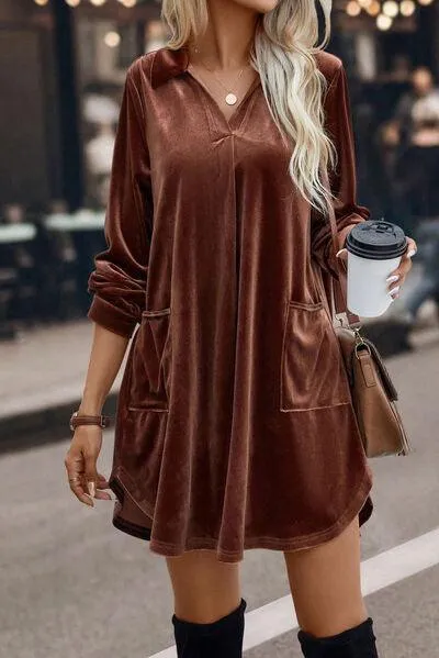 Johnny Collar Long Sleeve Velvet Shift Dress