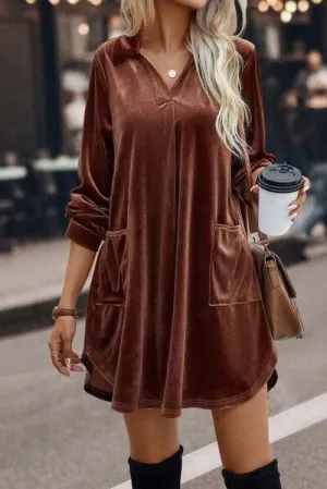 Johnny Collar Long Sleeve Velvet Shift Dress