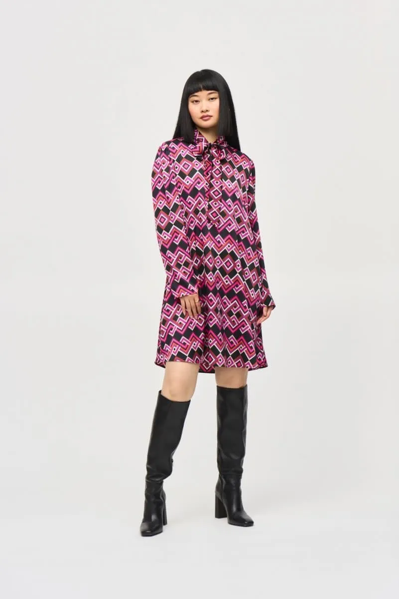 Joseph Ribkoff Black/Multi Geometric Pussy Bow Satin Shift Dress 243174