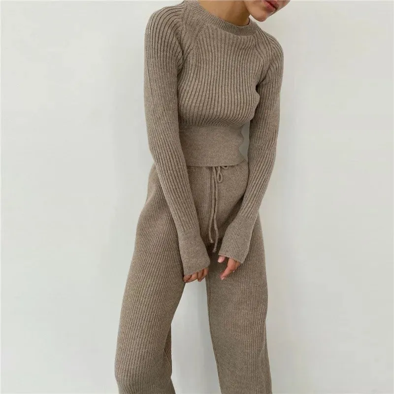Knitted Long Sleeve Sweater & Wide Leg Pants Two-Piece Set Clothes