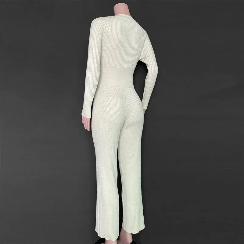 Knitted Long Sleeve Sweater & Wide Leg Pants Two-Piece Set Clothes