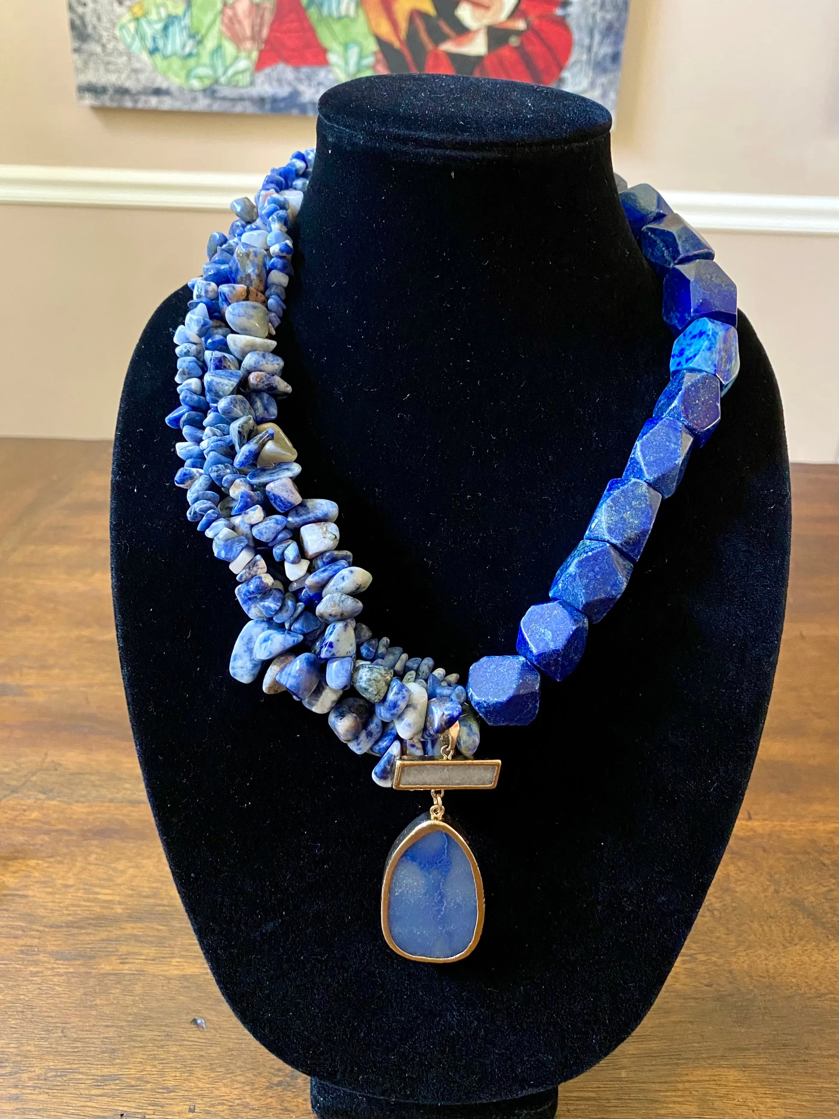 Ladies' Handcrafted Sodalite and Lapis Statement Pendant Necklace
