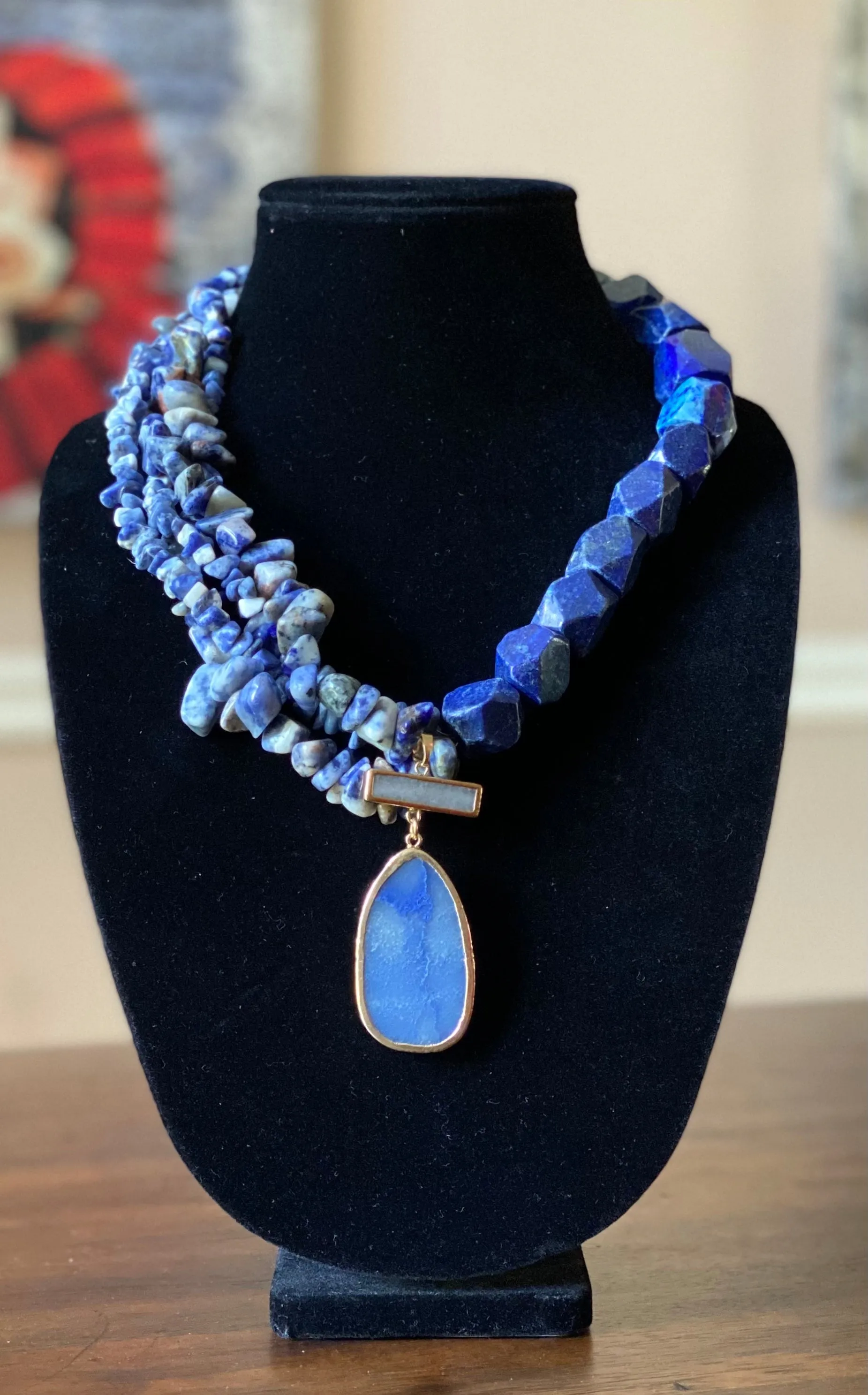 Ladies' Handcrafted Sodalite and Lapis Statement Pendant Necklace