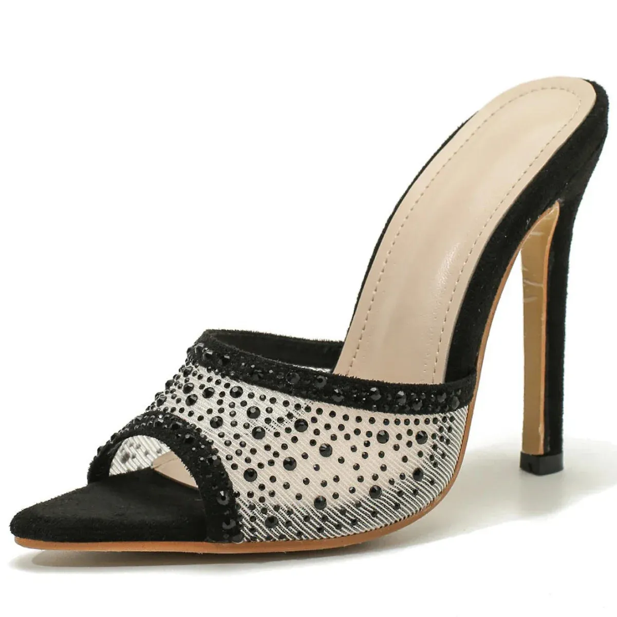 Ladies Rhinestone Slip On Pointed Toe High Heel Pumps
