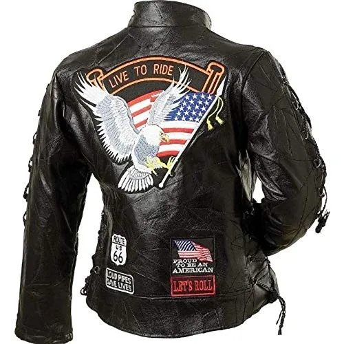 Ladies' Rock Design Genuine Buffalo Leather Motorcycle Jacket