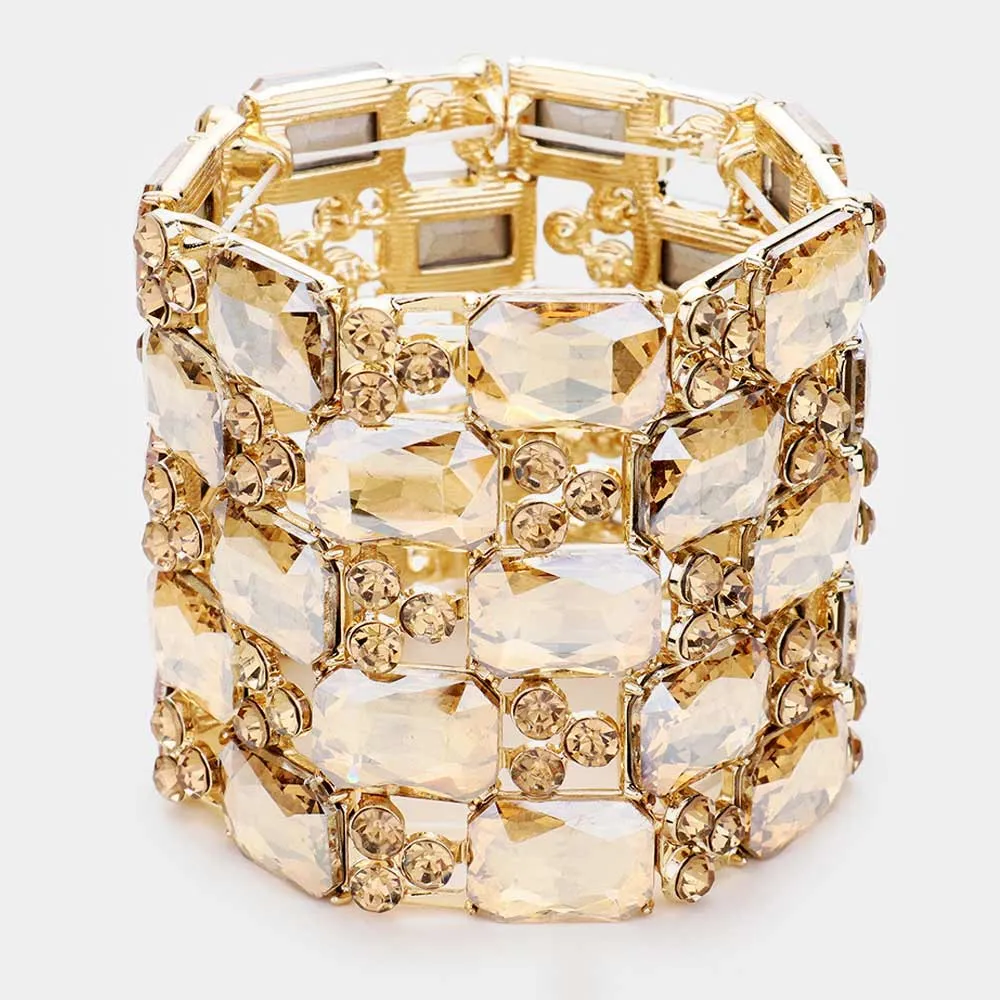 Large Topaz Emerald Cut Crystal Stretch Bracelet on Gold | Pageant Bracelet | 461818