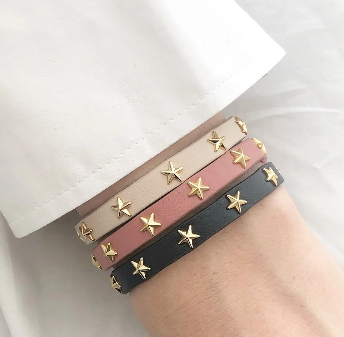 LEATHER STAR STUD BRACELET MINI BLACK W/GOLD