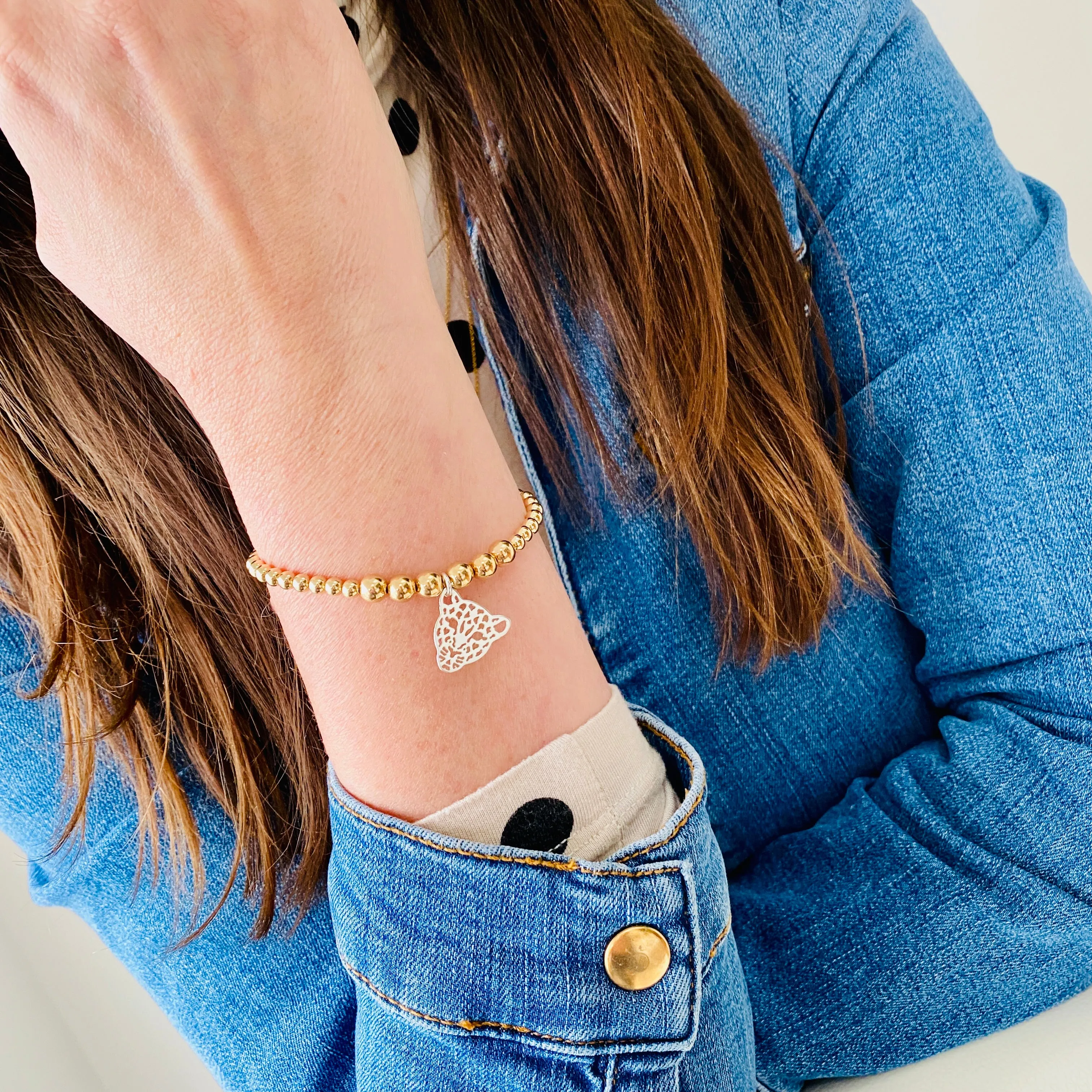 LEO | Silver Leopard Gold Bead Bracelet