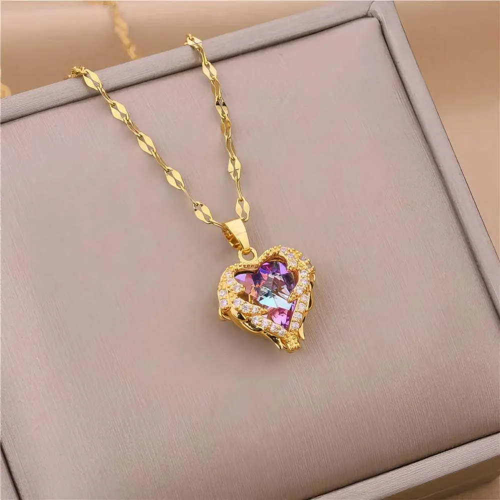 Love Heart Amethyst Gold Pendant: Elegant, Shiny Women's Jewelry Gift