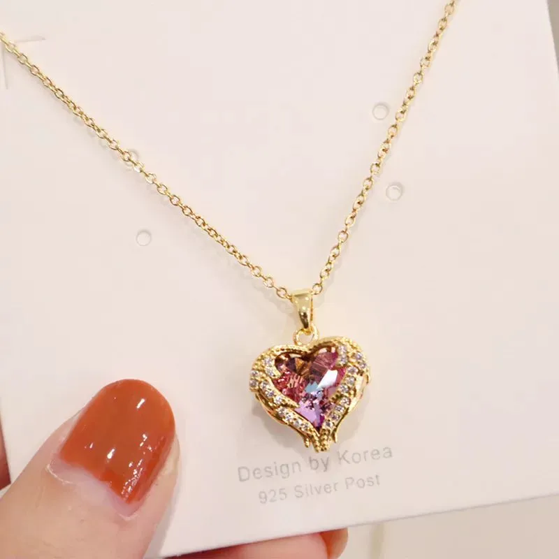 Love Heart Amethyst Gold Pendant: Elegant, Shiny Women's Jewelry Gift