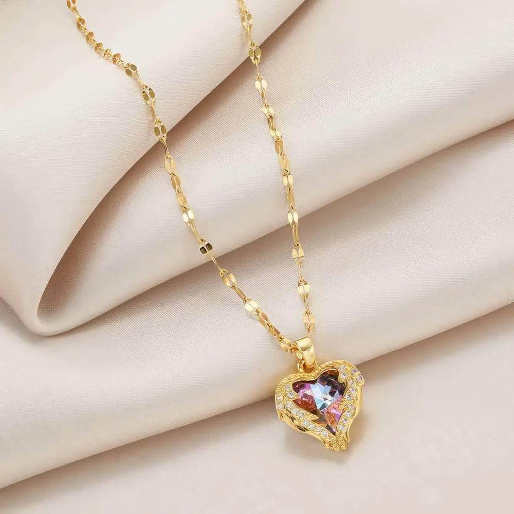 Love Heart Amethyst Gold Pendant: Elegant, Shiny Women's Jewelry Gift