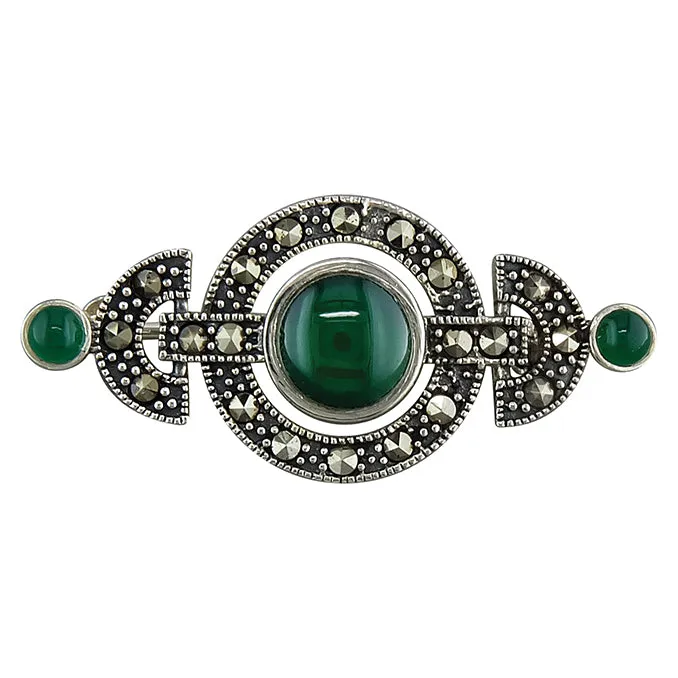 Marcasite & Green Agate Brooch